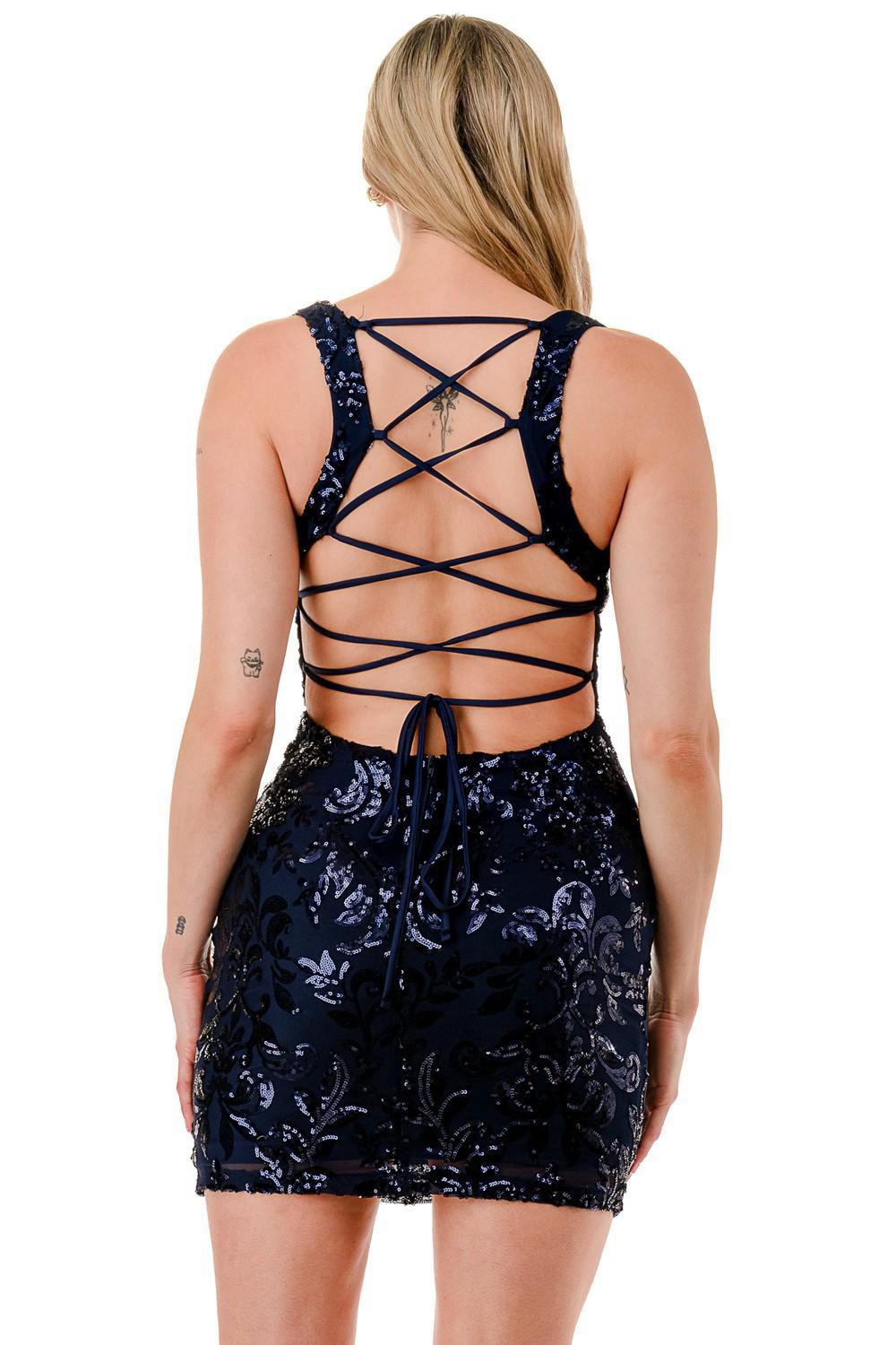 Navy Sequin Queen Anne Crossed Back Mini Dress