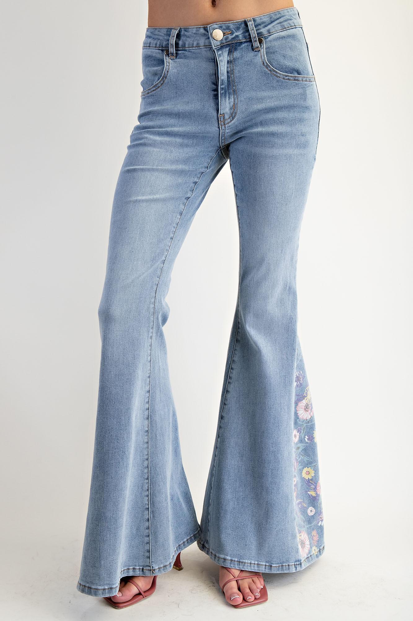 Floral Bell Bottom Washed Denim Pants