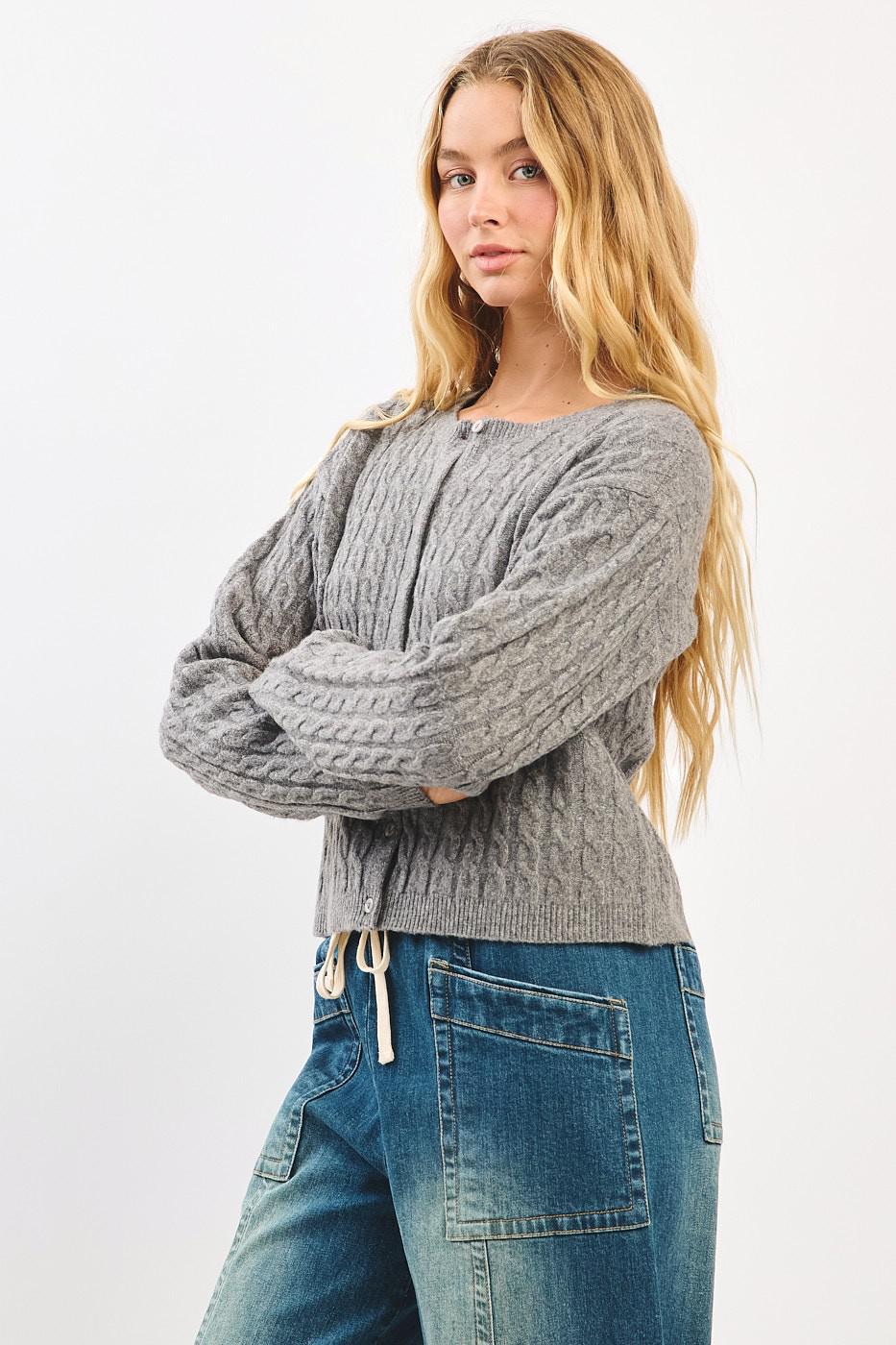 Heather Grey Cable Knit Crew Neck Cardigan