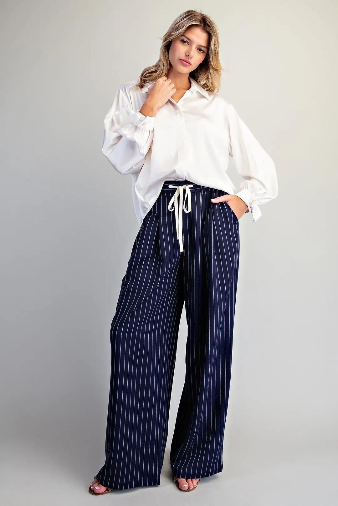 Navy Pinstriped Front Tie Pants