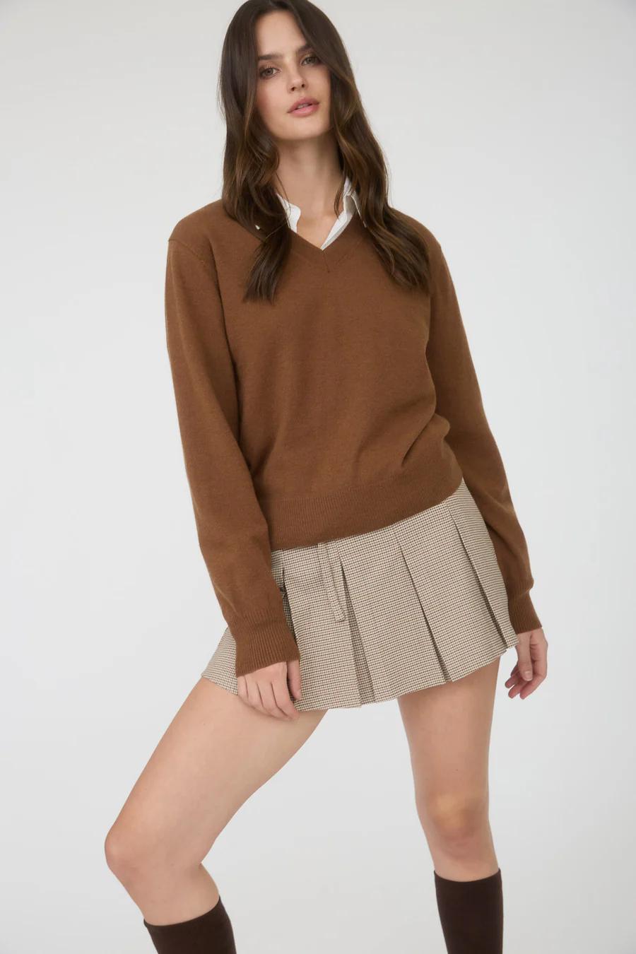 TAUPE PLAID WAIST TIE DETAIL PLEATED MINI SKIRT