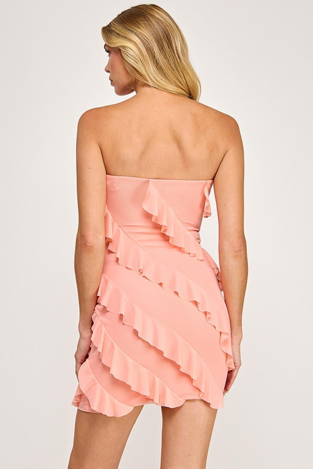 Coral Ruffle Strapless Tube Mini Dress