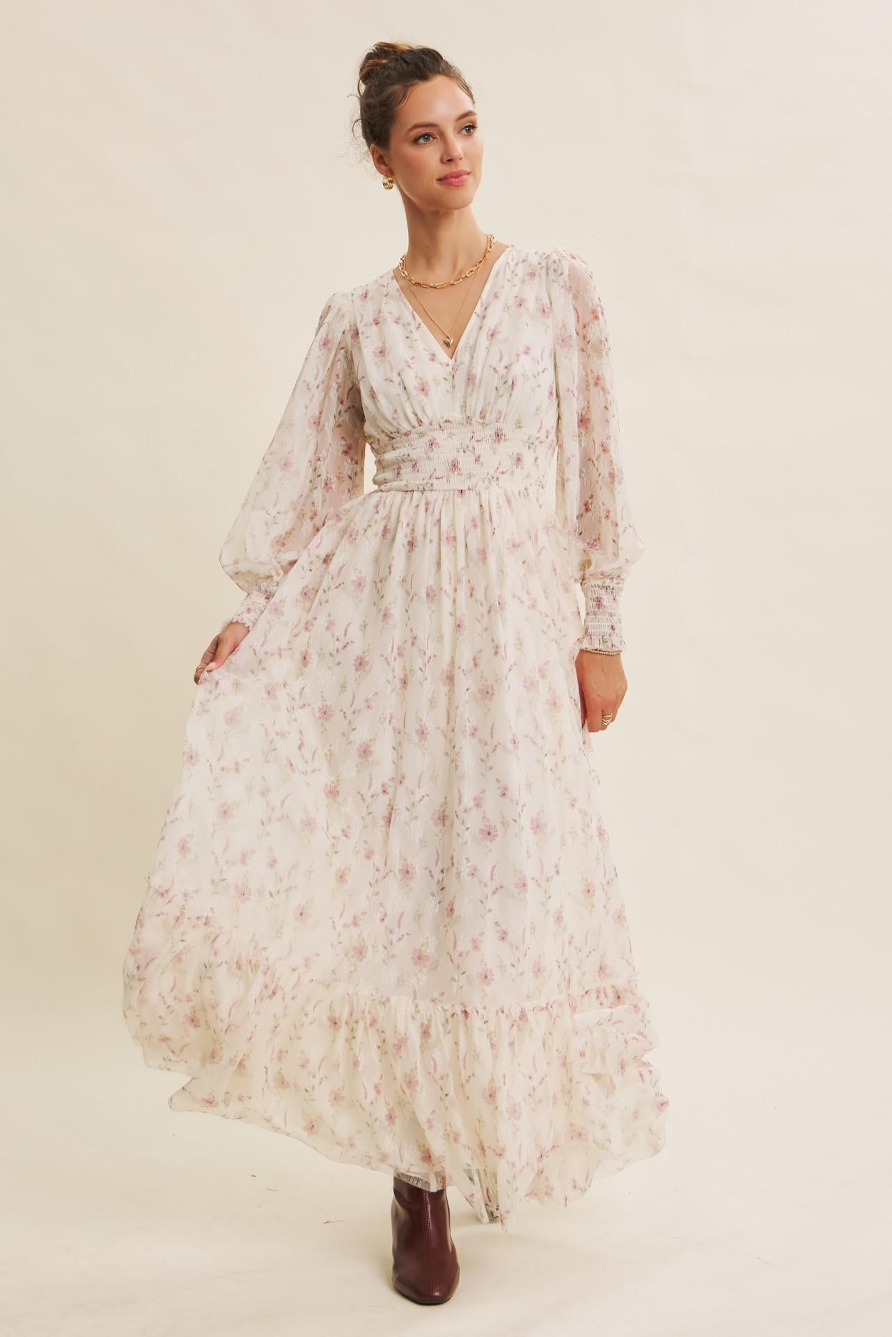 Dreamy Floral Mesh Maxi Dress With Smocked Waist