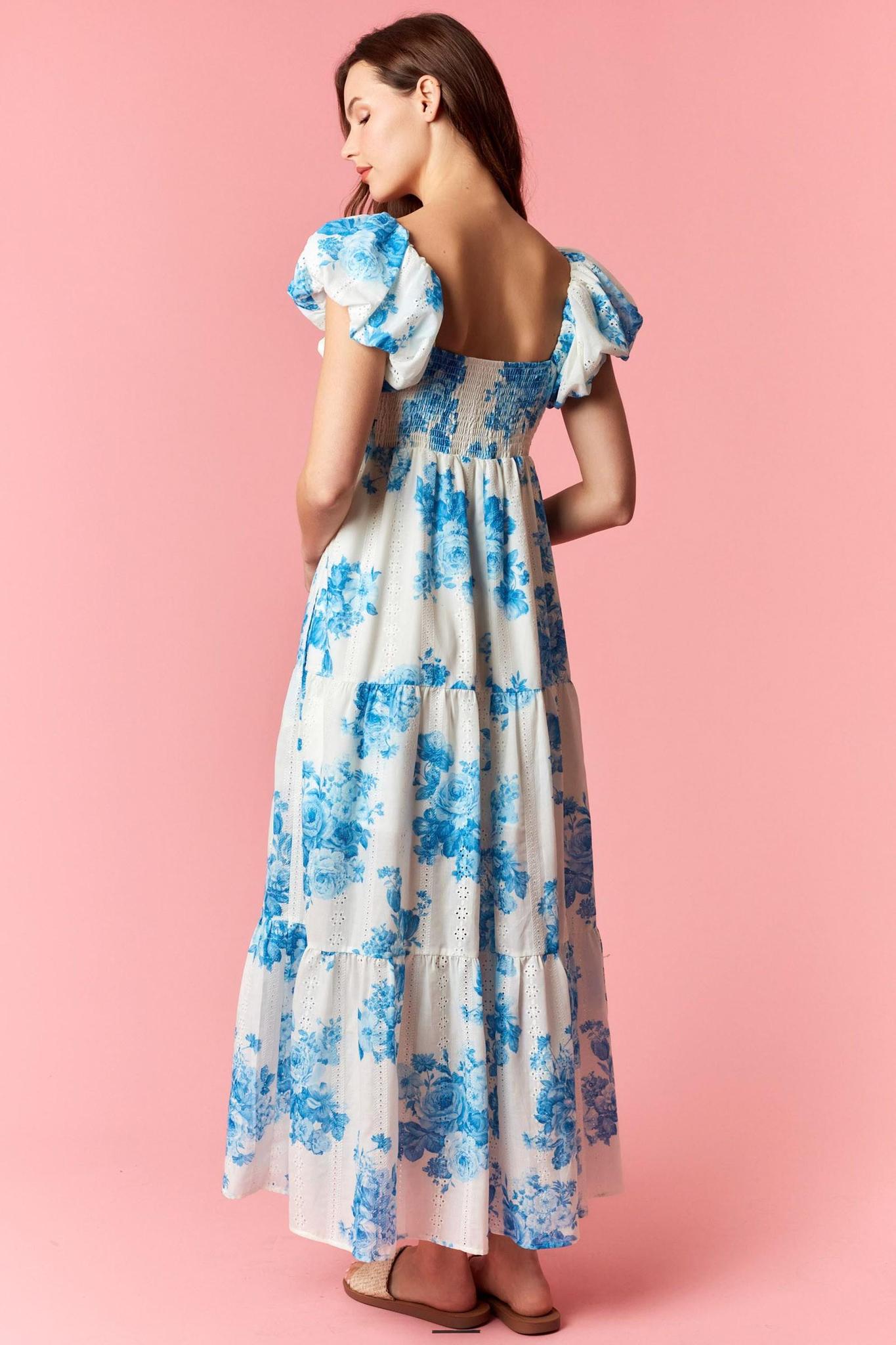 Blue Floral Print Cap Puff Sleeve Smocked Maxi Dress