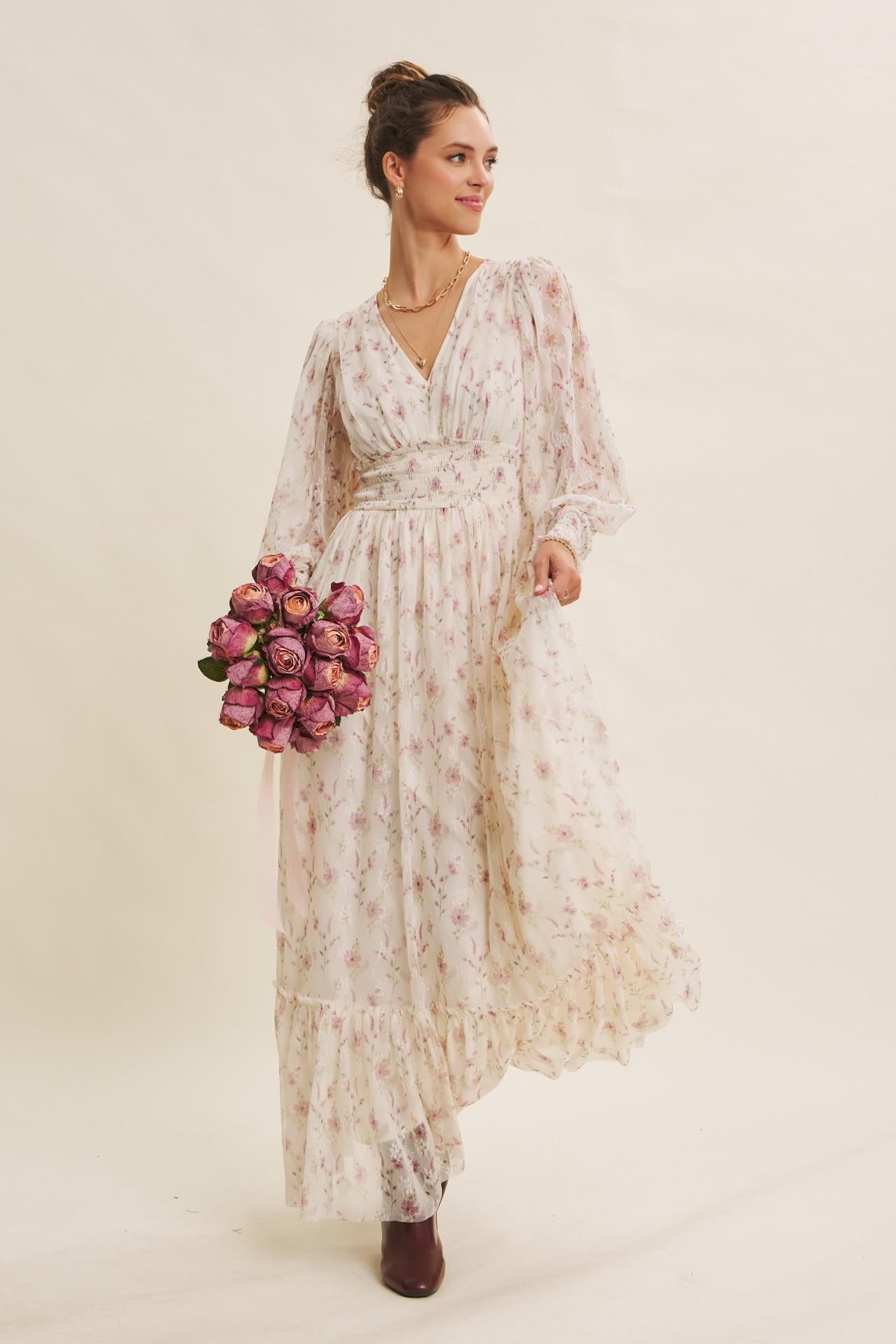 Dreamy Floral Mesh Maxi Dress With Smocked Waist