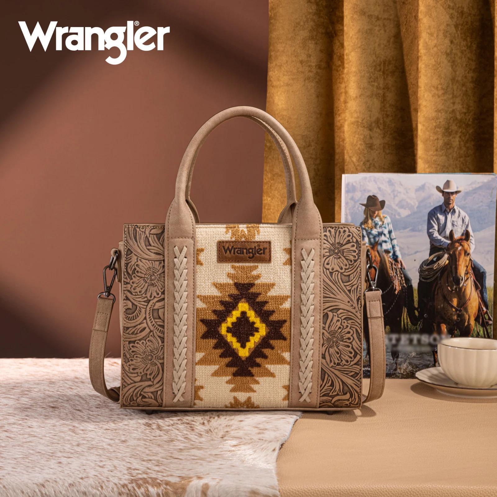 Wrangler Tooled Aztec Pattern Print Concealed Carry Tote/Crossbody -Tan