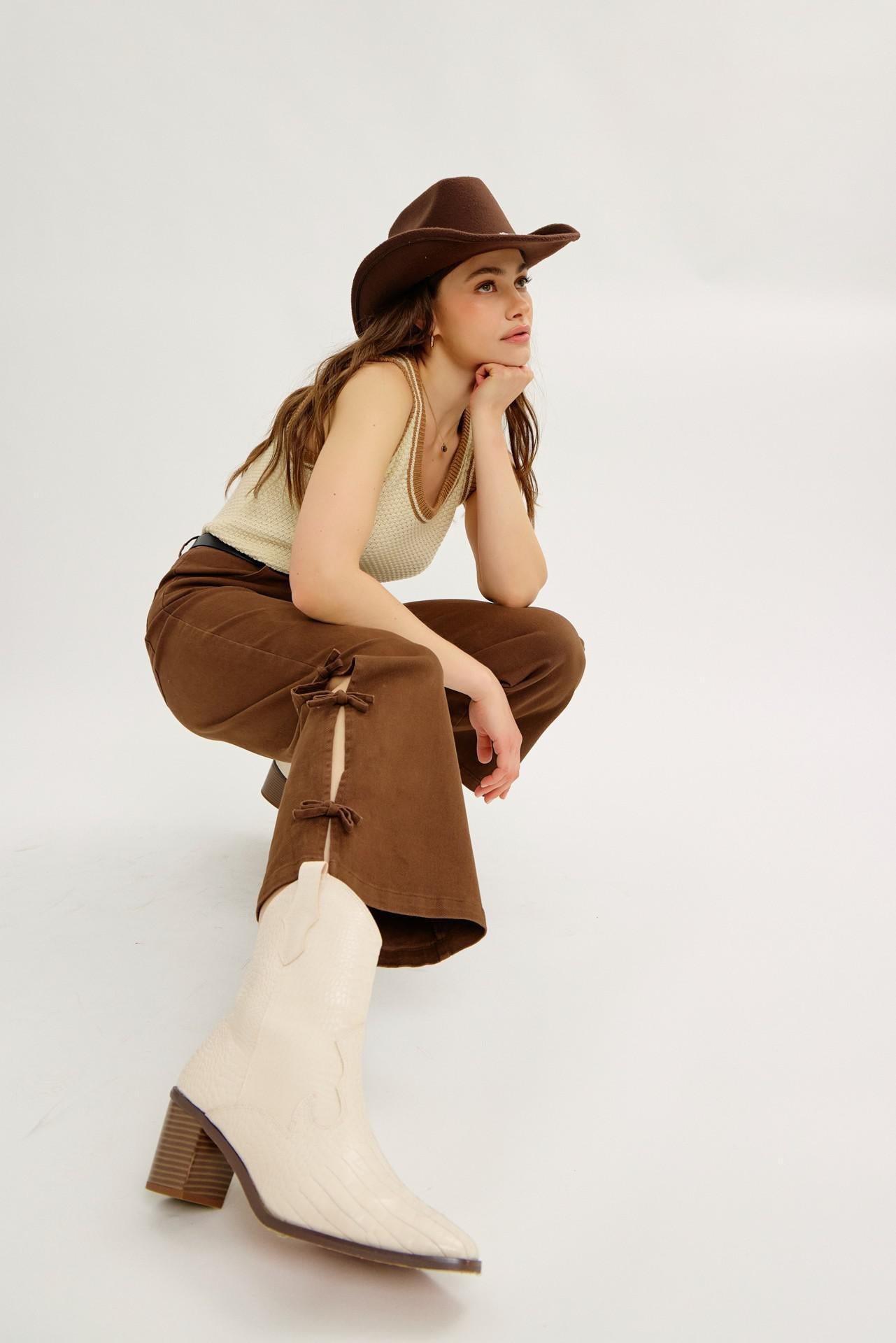 Garment Washed Side Bow Detail Western Pants