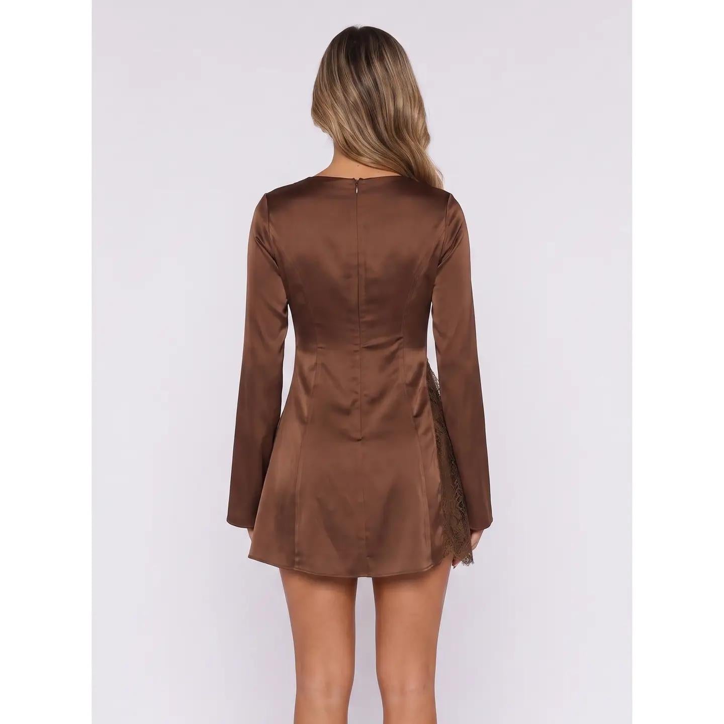 Brown Long Sleeve Lace Cut Out Detail Satin Mini Dress