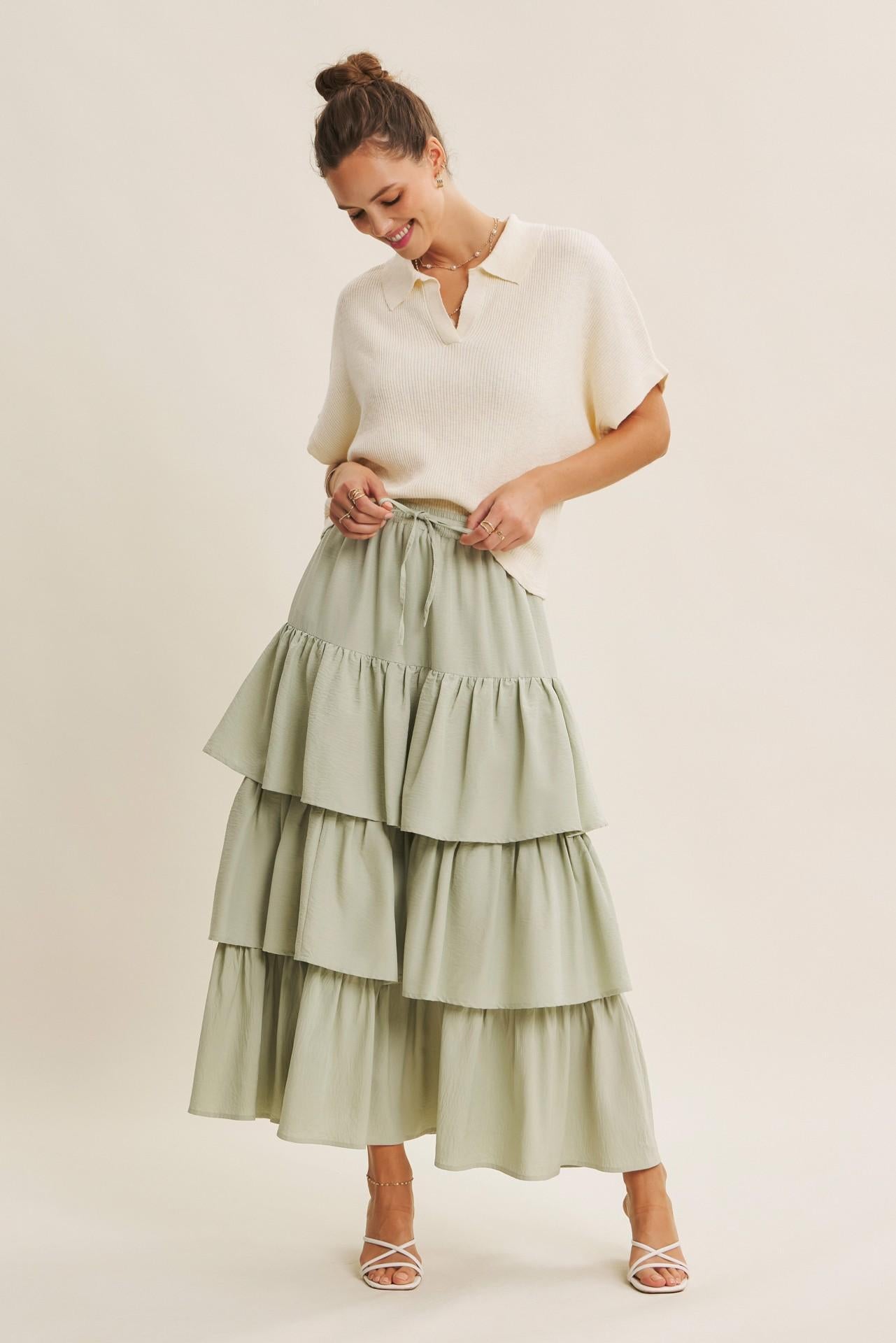 Airy Tiered Ruffle Maxi Skirt With Pockets - Sage