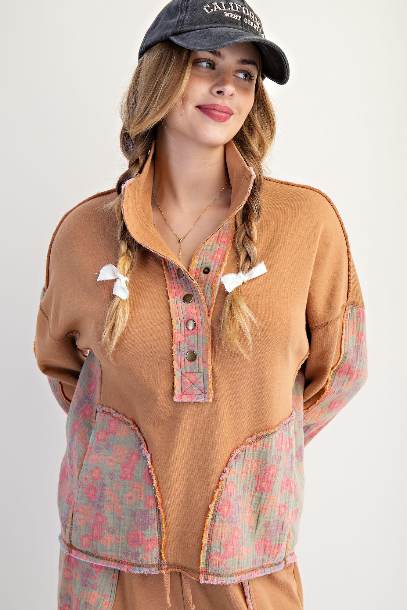 Floral Camel Mock Neck Washed Terry Pullover