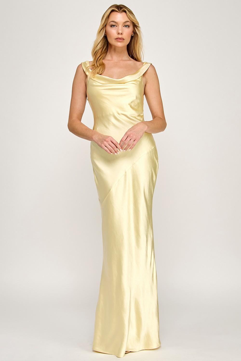 BUTTER COWL NECK SATIN MAXI DRESS