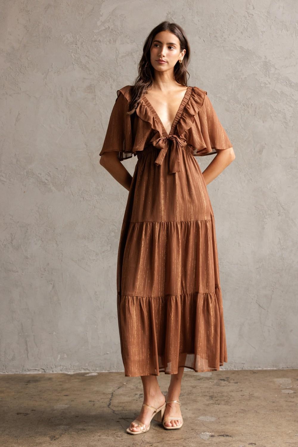 Shimmer Brown Metallic Tiered Midi Dress
