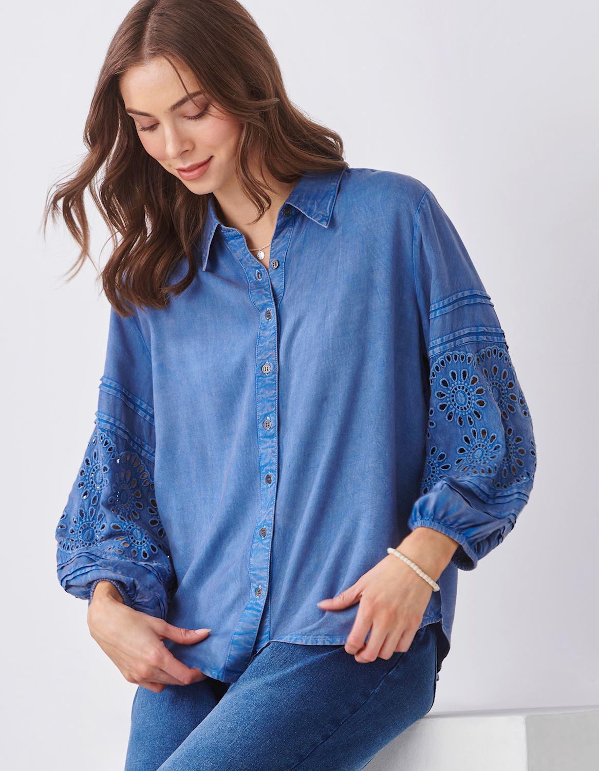 Embroidered Tencel Button Up Shirt in Blue