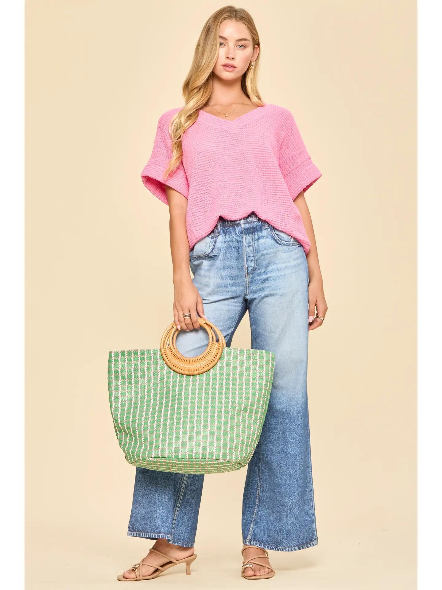 Pink V-Neck Lightweight Sweater Crochet Knit Poncho Top