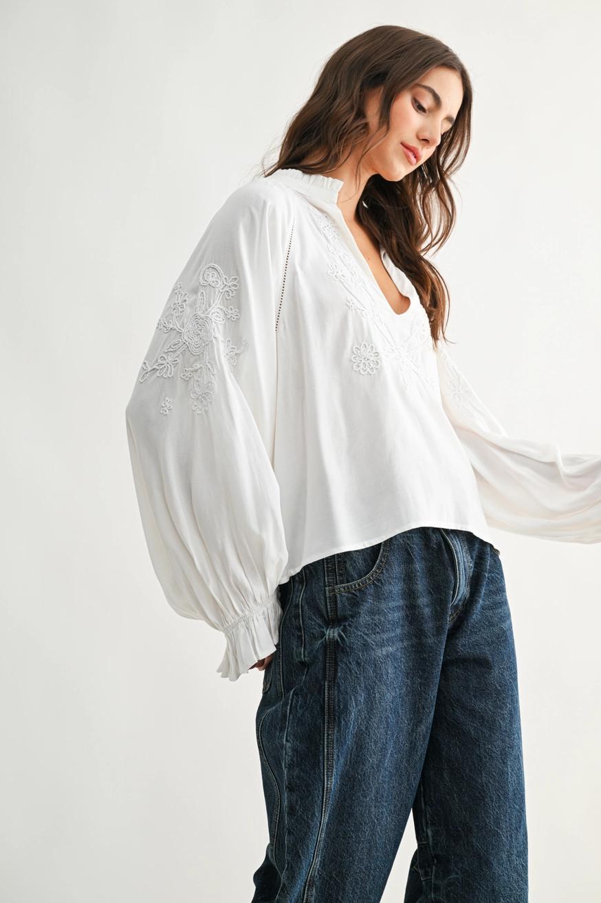 Boho-Chic Embroidered White Peasant Blouse