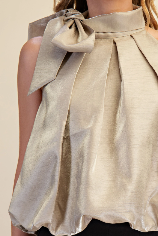 Taupe High Neck Tie Wrap Balloon Sleeveless Top