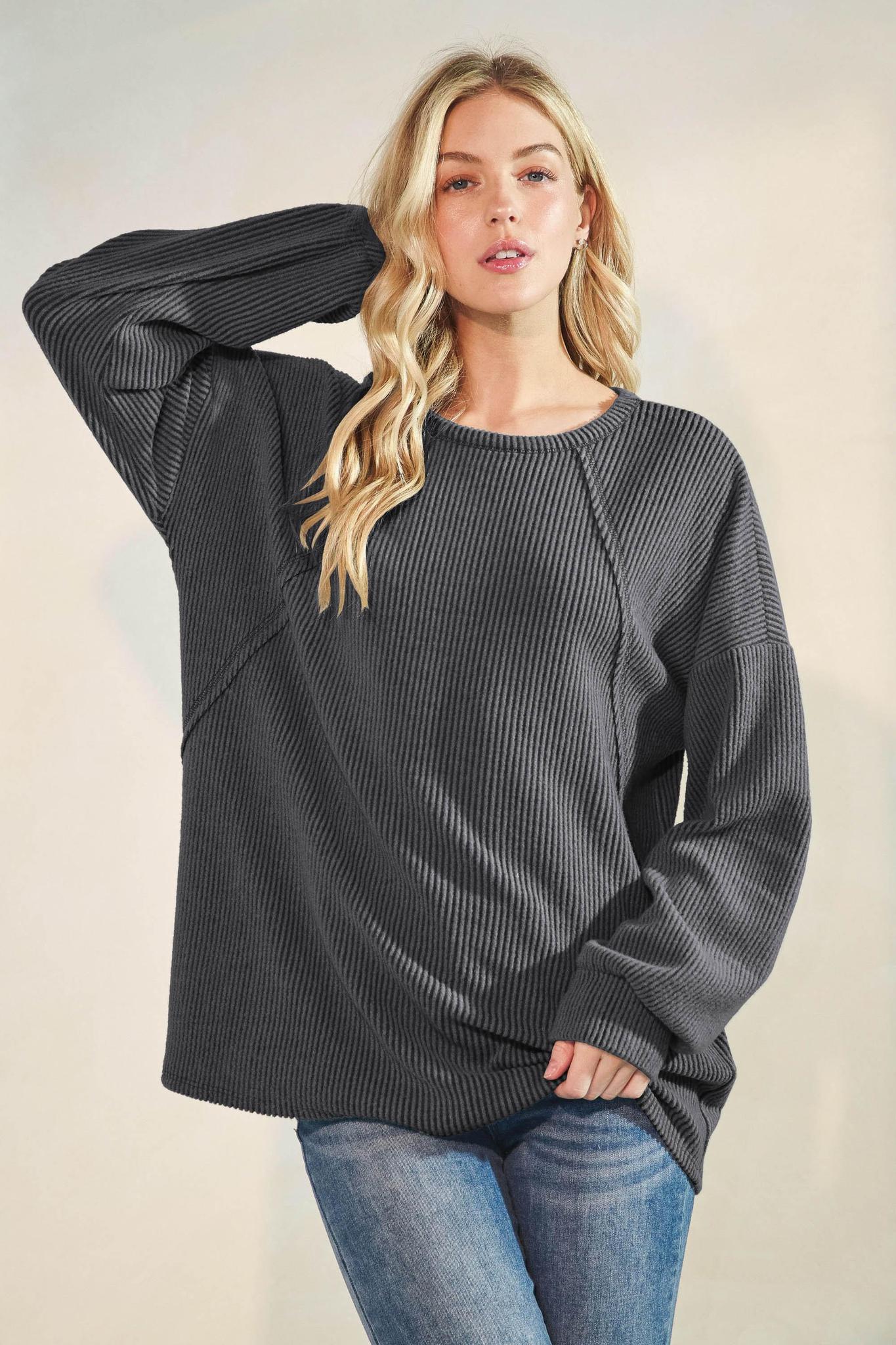 Black Solid Brushed Urban Ribbed Top
