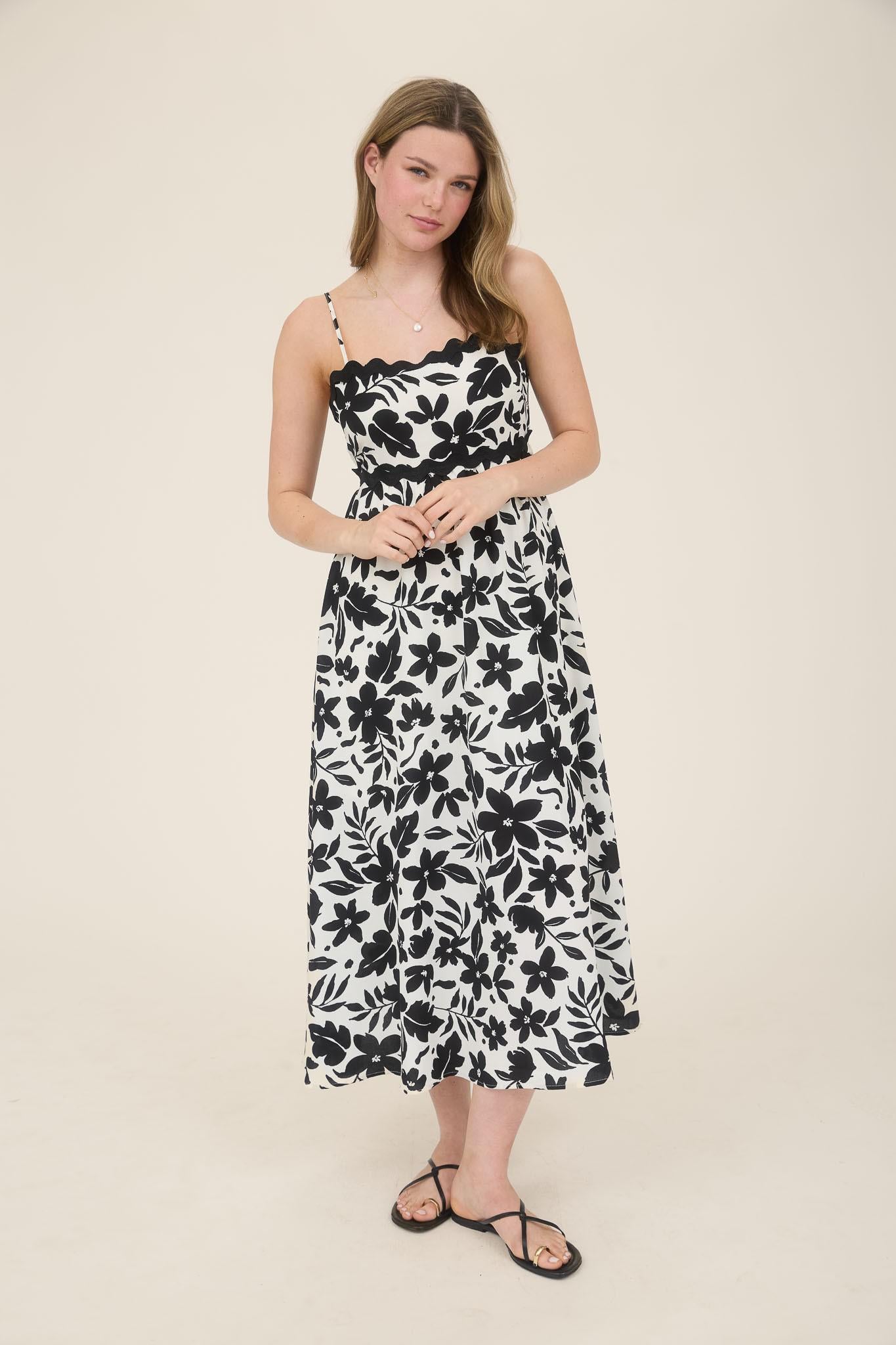 Black Floral Wavy Trim Tie Midi Dress