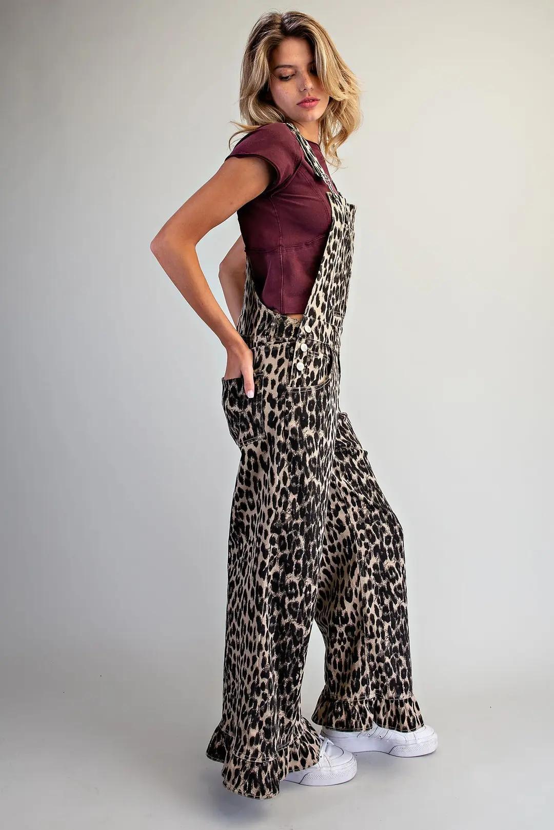 Mineral Washed Leopard Ruffle Hem Jumpsuit