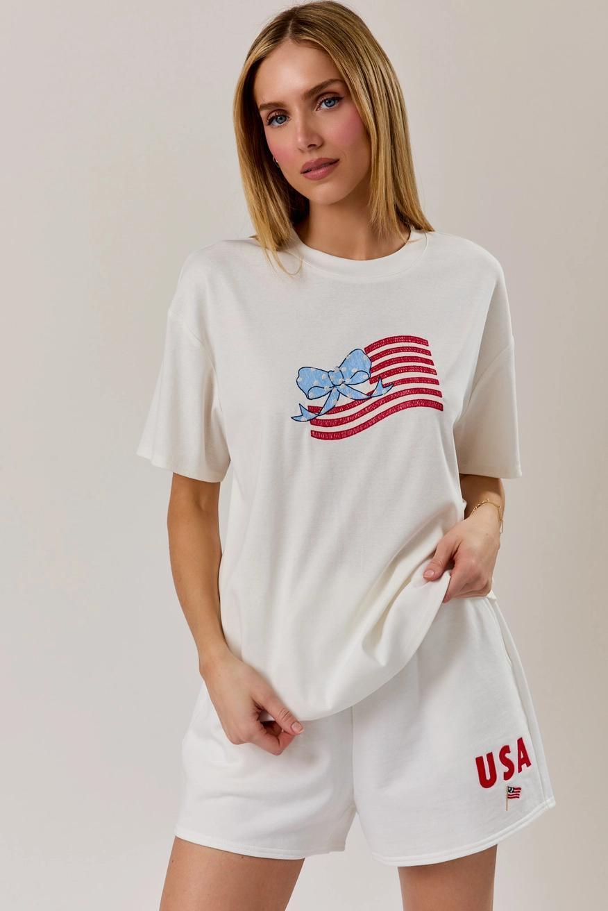 Round Neck USA Flag Graphic Embroidered T-Shirt