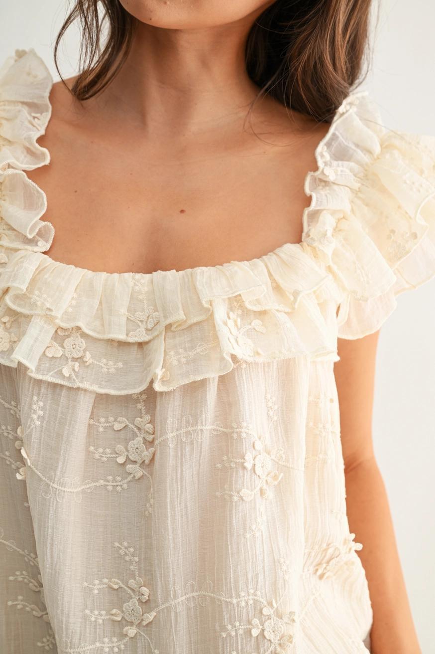 Ruffled Embroidered Tiered Dress in Cream