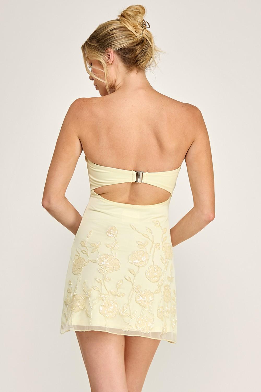 YELLOW MESH STRAPLESS CUT OUT BACK MINI DRESS