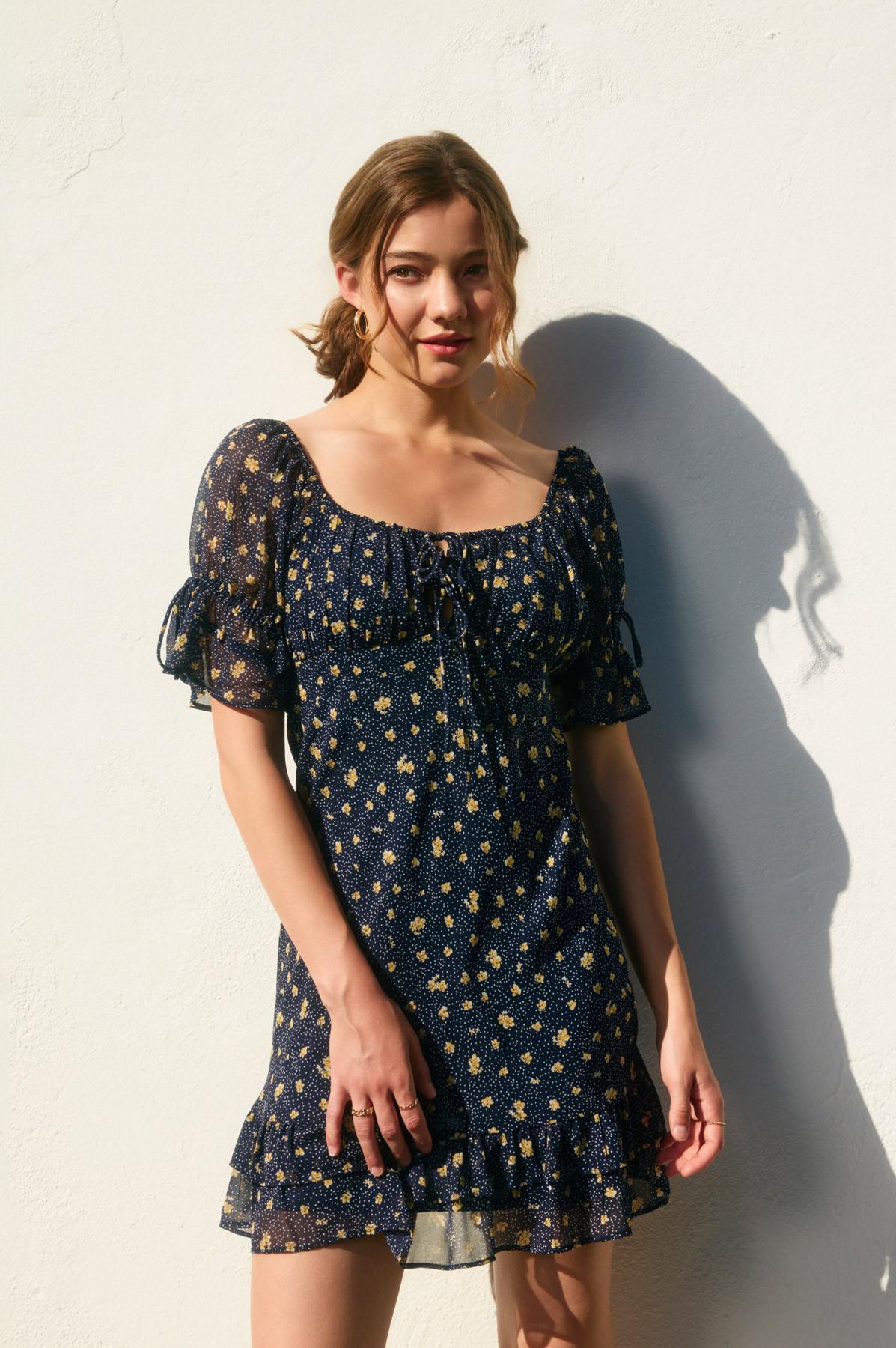 Dot And Floral Tie Front Dress