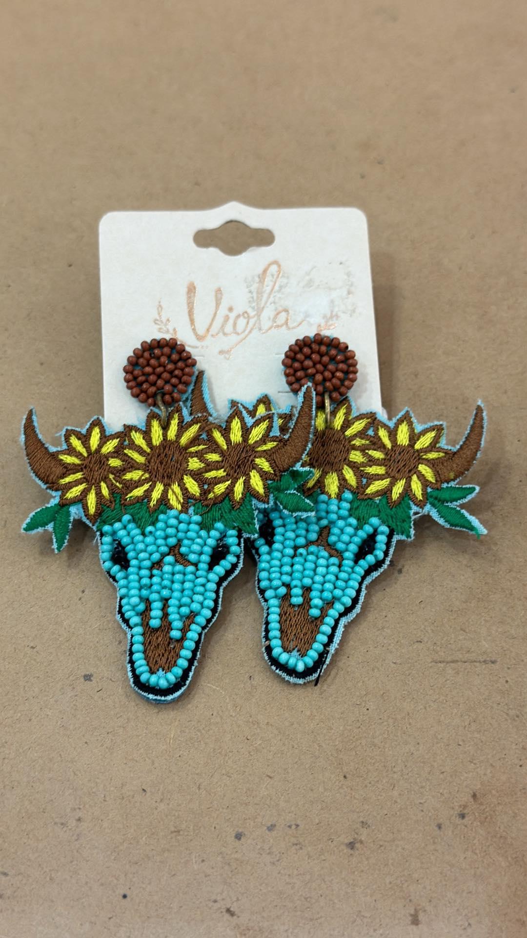 Sunflower Cow Beaded Earrings