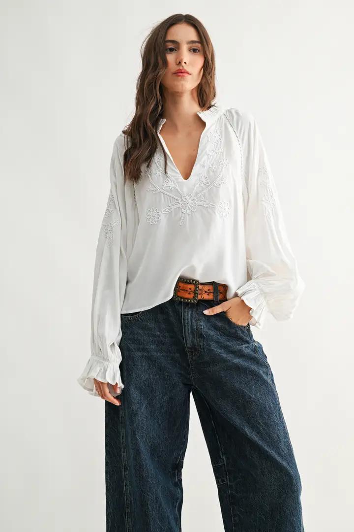 Boho-Chic Embroidered White Peasant Blouse
