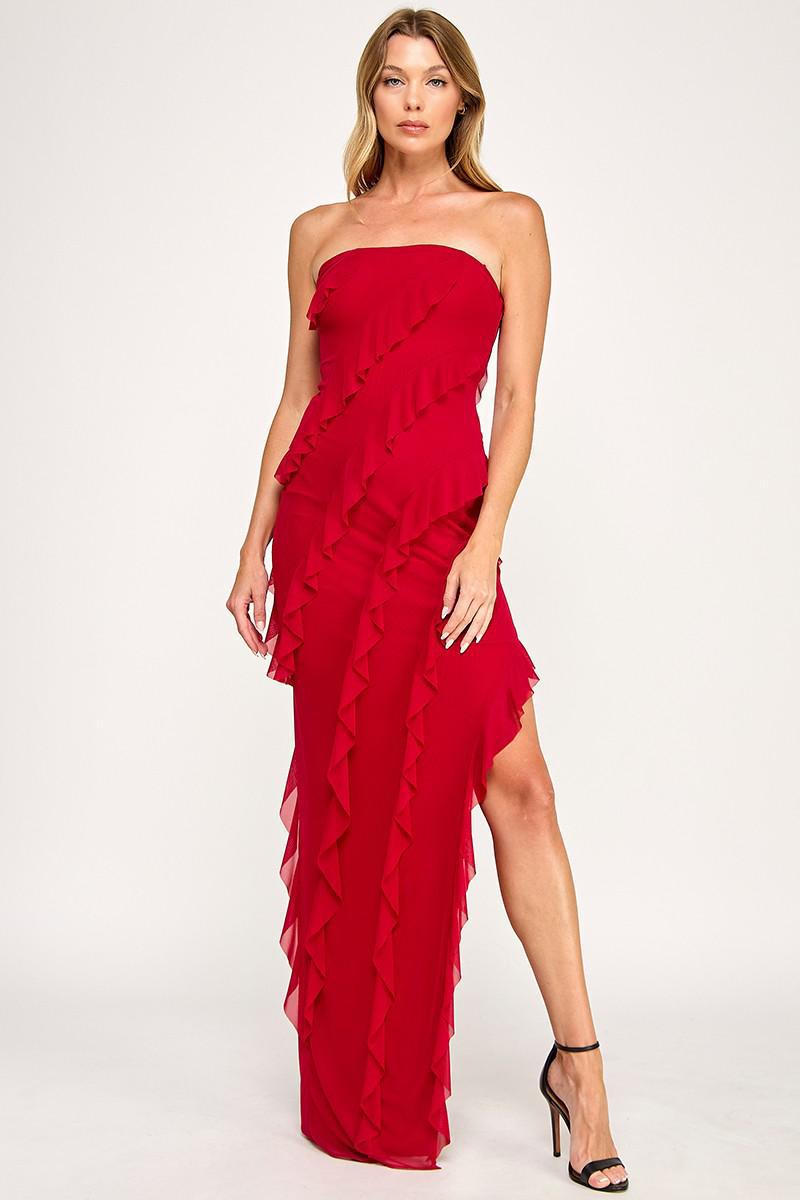 Red Tube Mesh Frilled Slit Side Dress