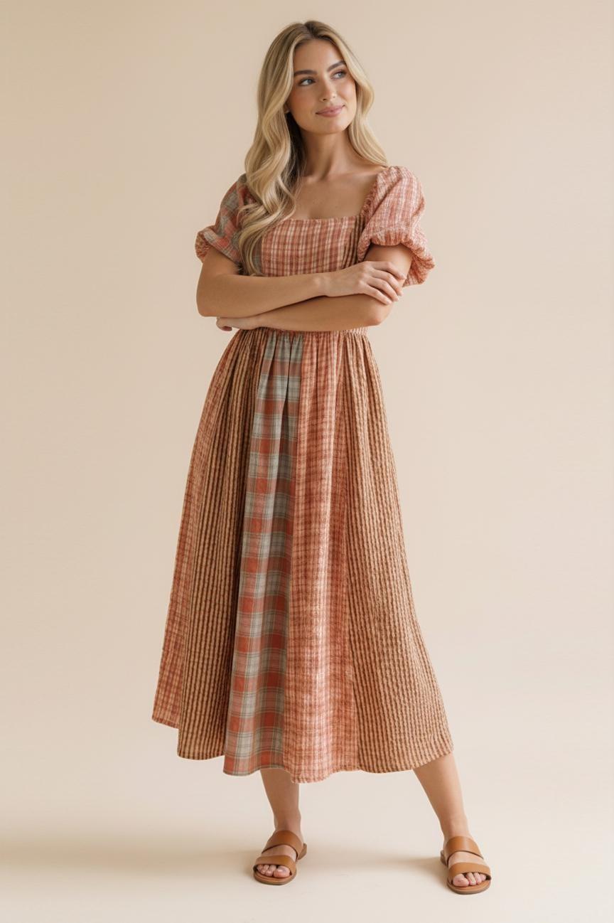 Square Neck Stripe Plaid Check Color Block Dress