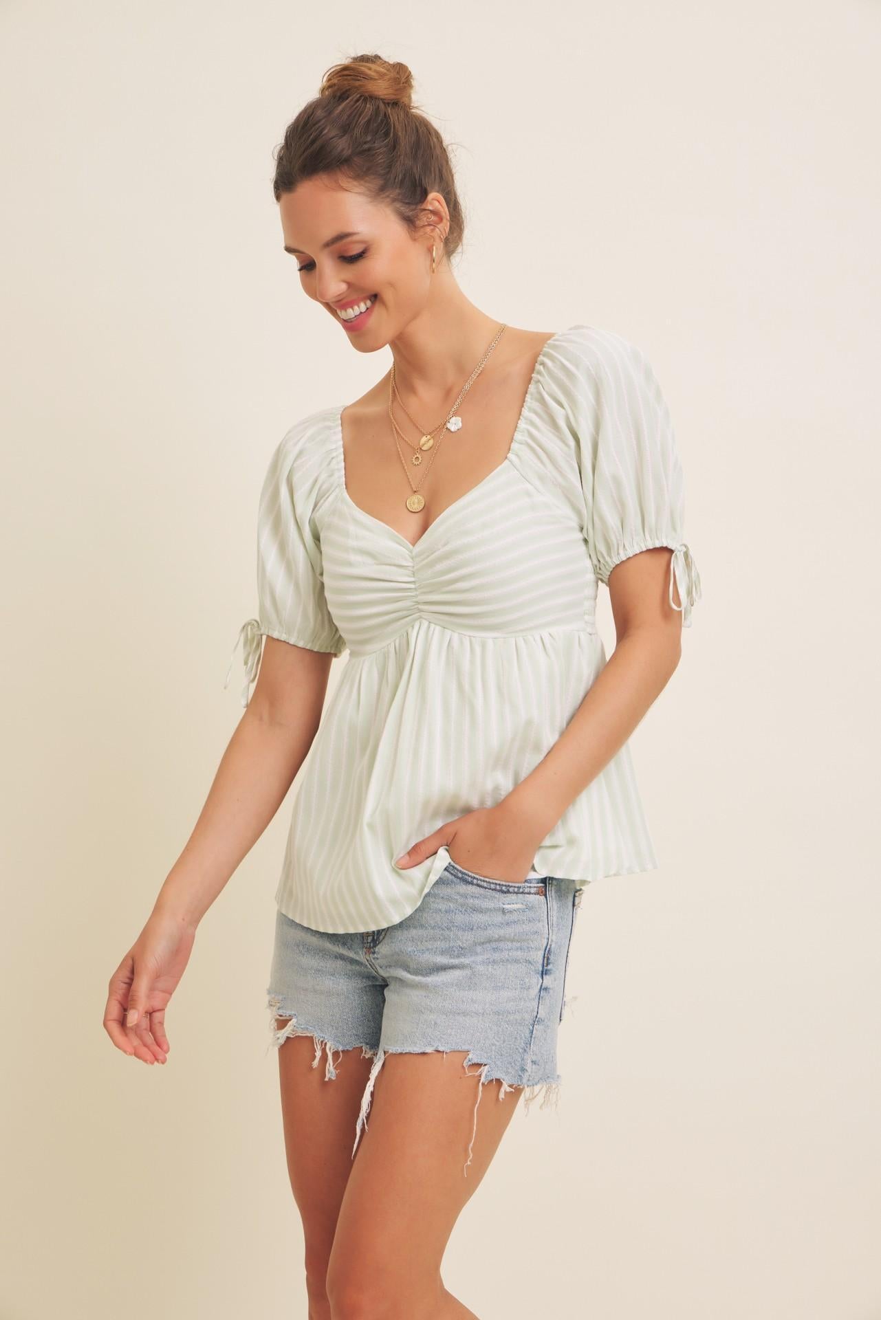 Textured Stripe Babydoll Top With Smocked Back