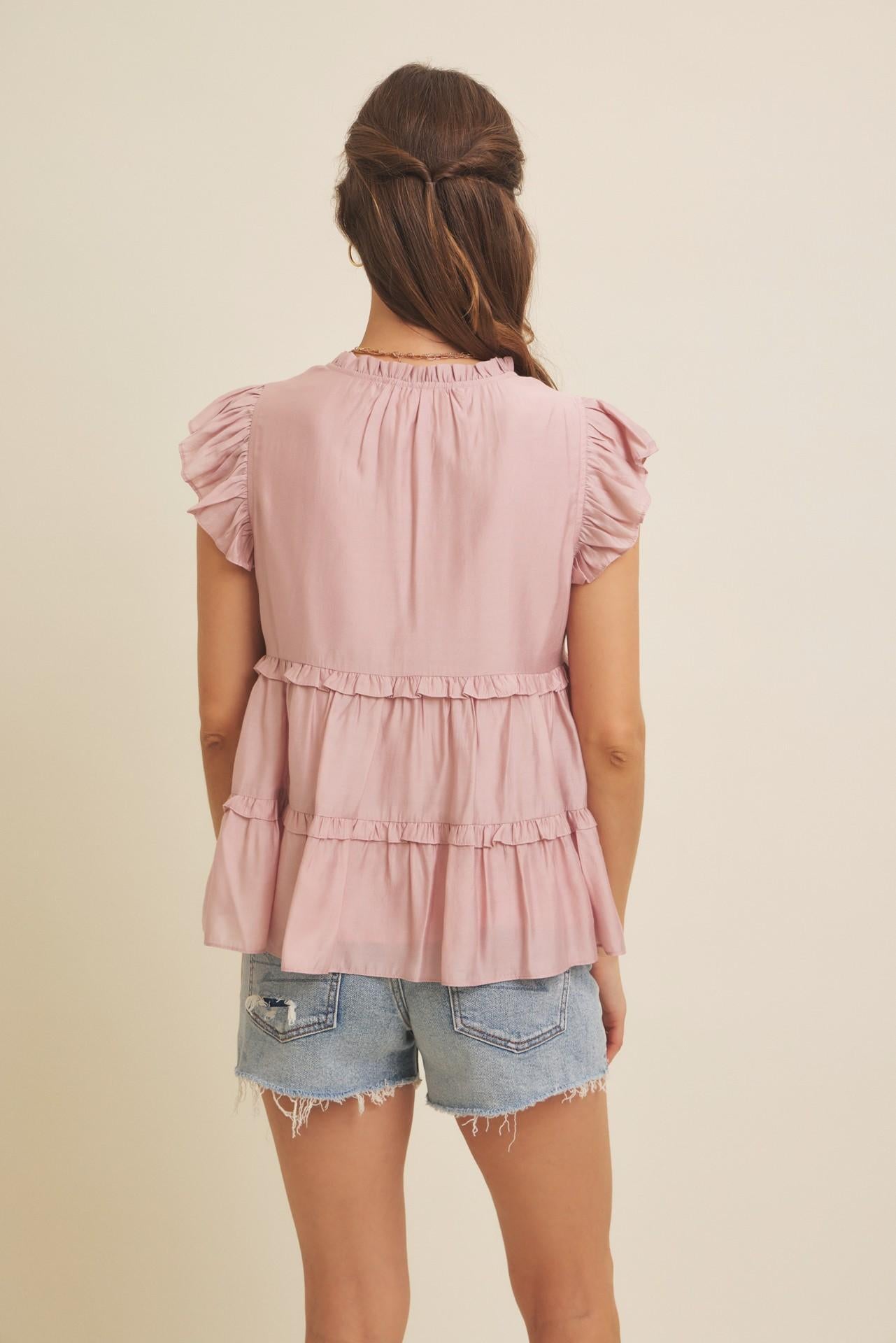 Dusty Rose Tiered Ruffle Flare Blouse With Ruffles