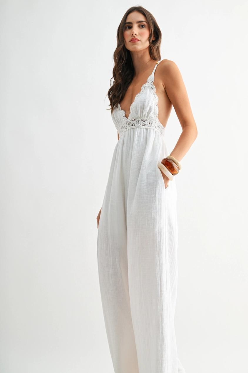 Wide Leg Jumpsuit with Crochet Lace