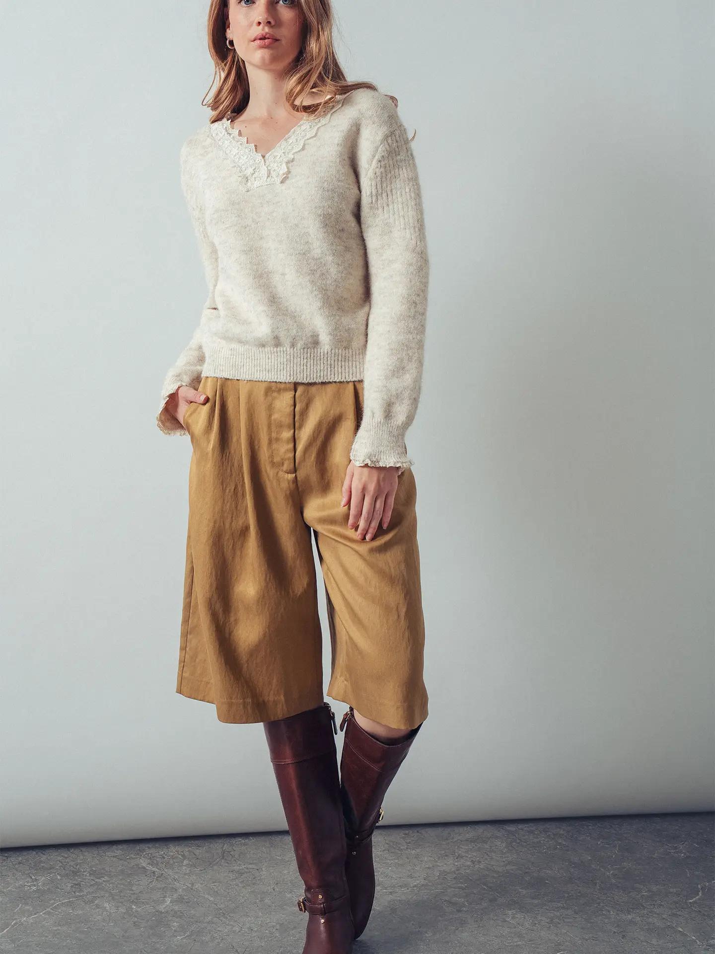 Lace Trim V-Neck Heathered Knit Sweater