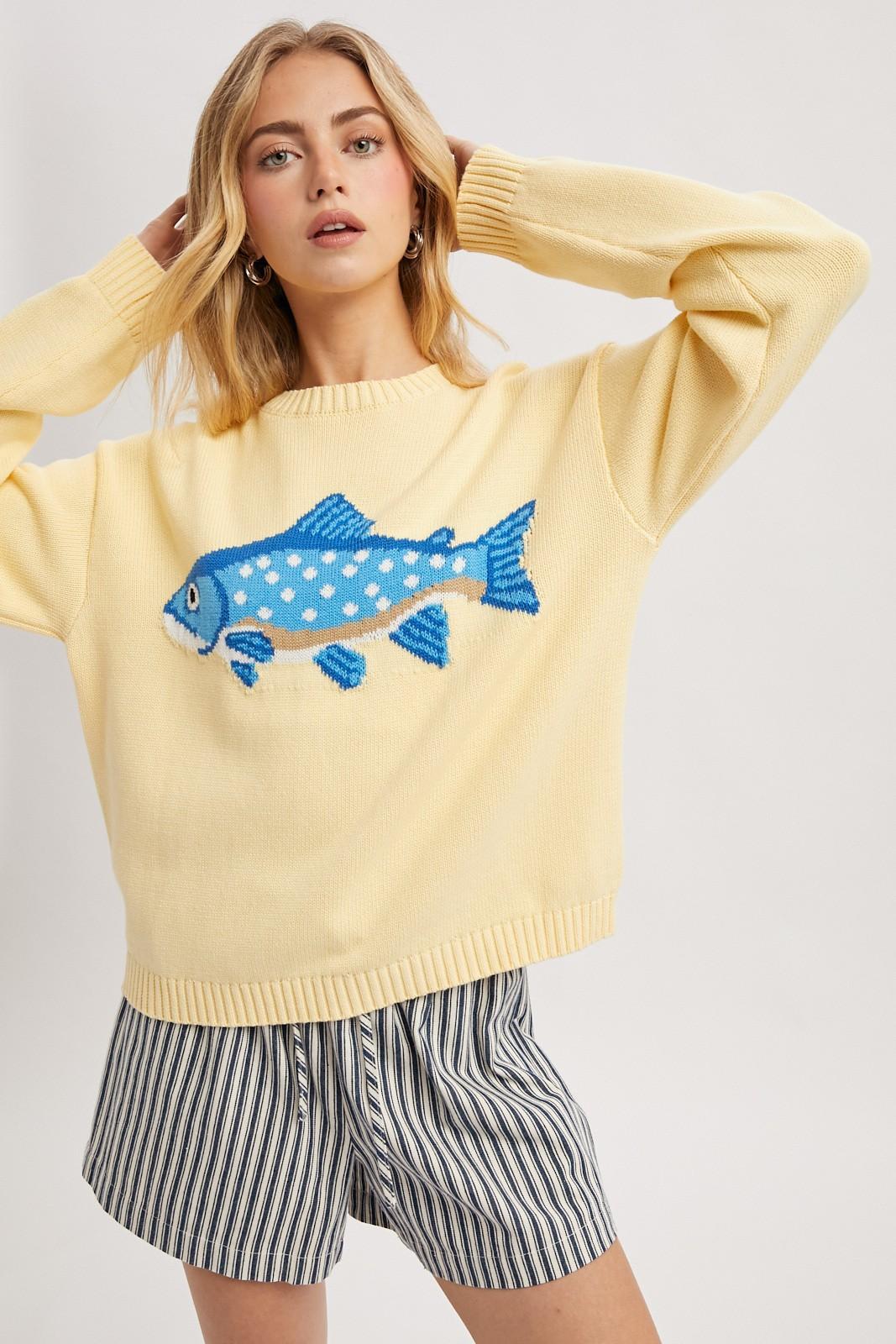 'Fish' Graphic Coastal Crewneck Sweater