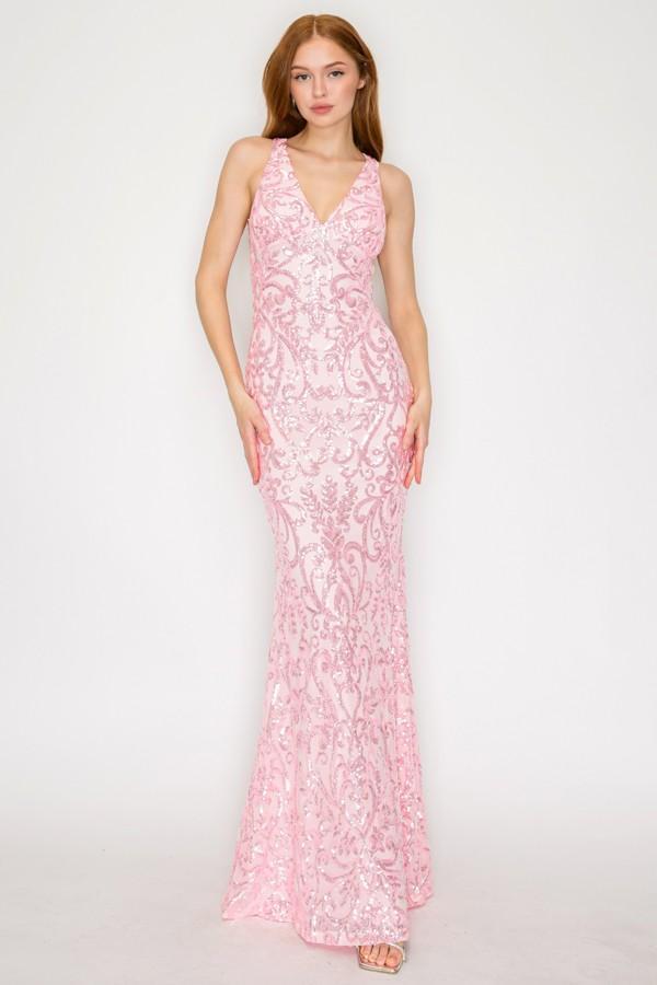 Sequin V-neck Satin Bow Maxi Dress - Pink