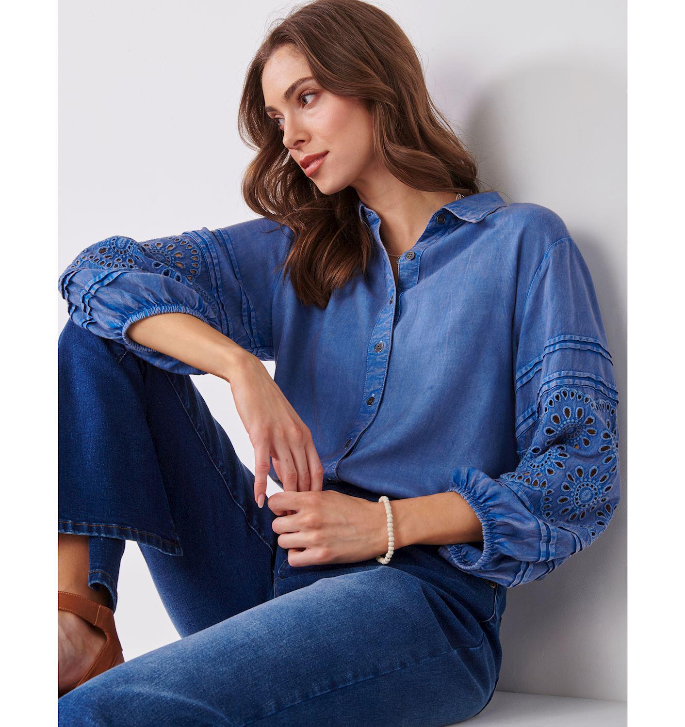Embroidered Tencel Button Up Shirt in Blue