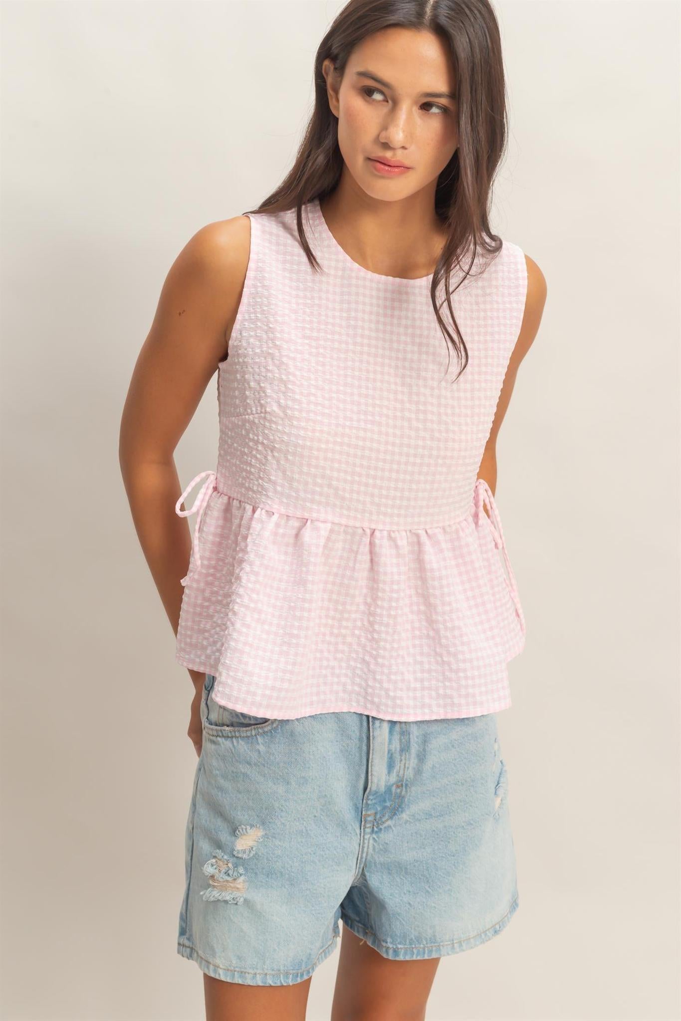 Pink Gingham Sleeveless Peplum Top with Side Ties