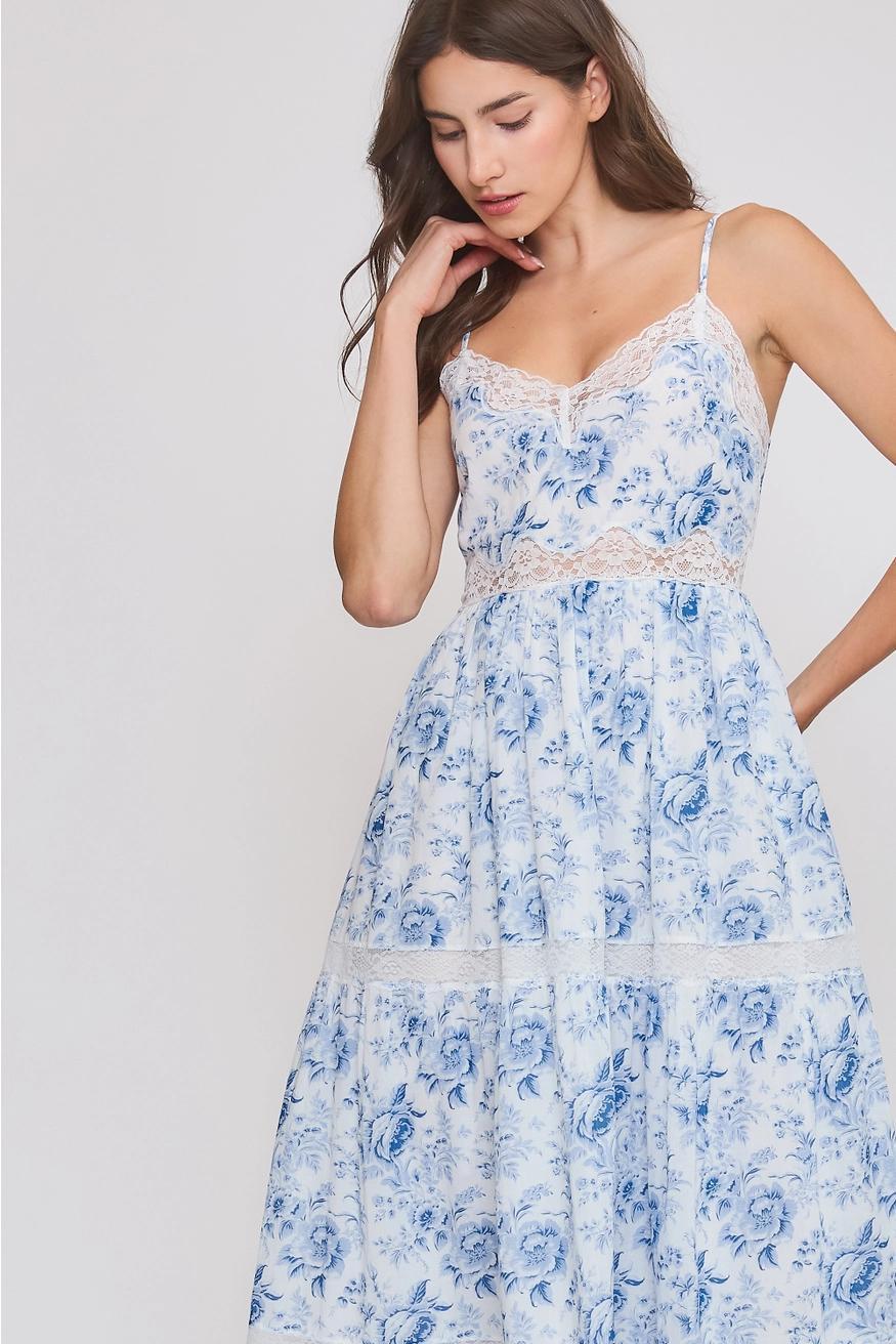 Blue Floral Midi Dress with Lace Trim