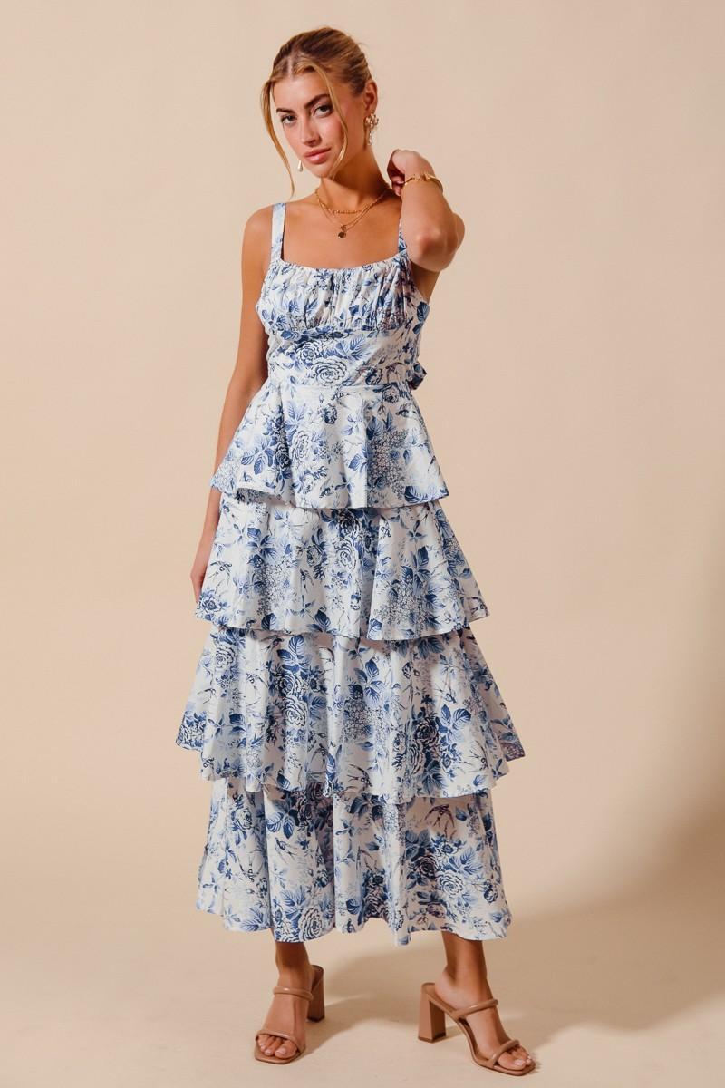 Blue Combo Floral Print Tiered Maxi Dress With Ribbon Tie