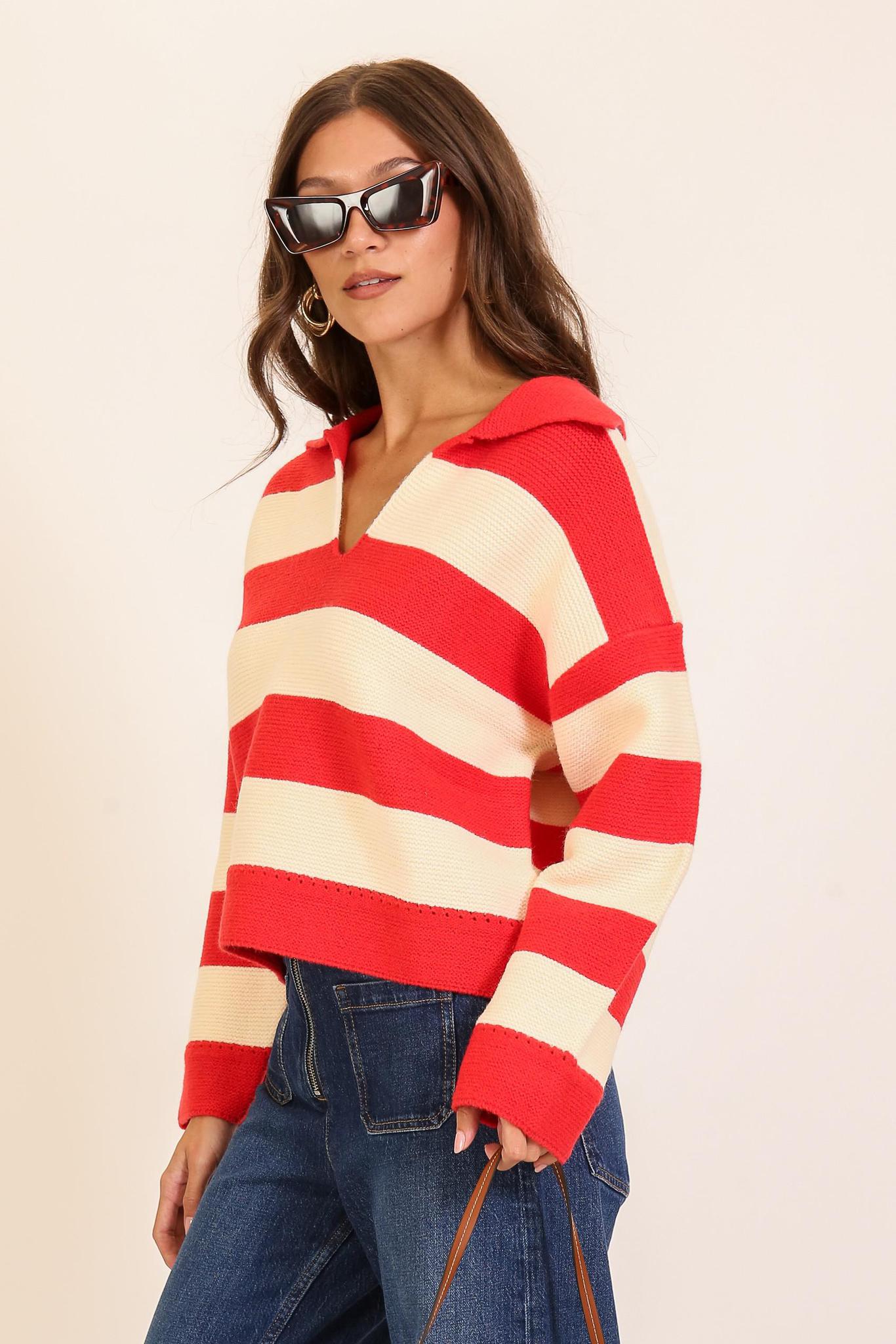 Red Striped V-neck Sweater with Collar
