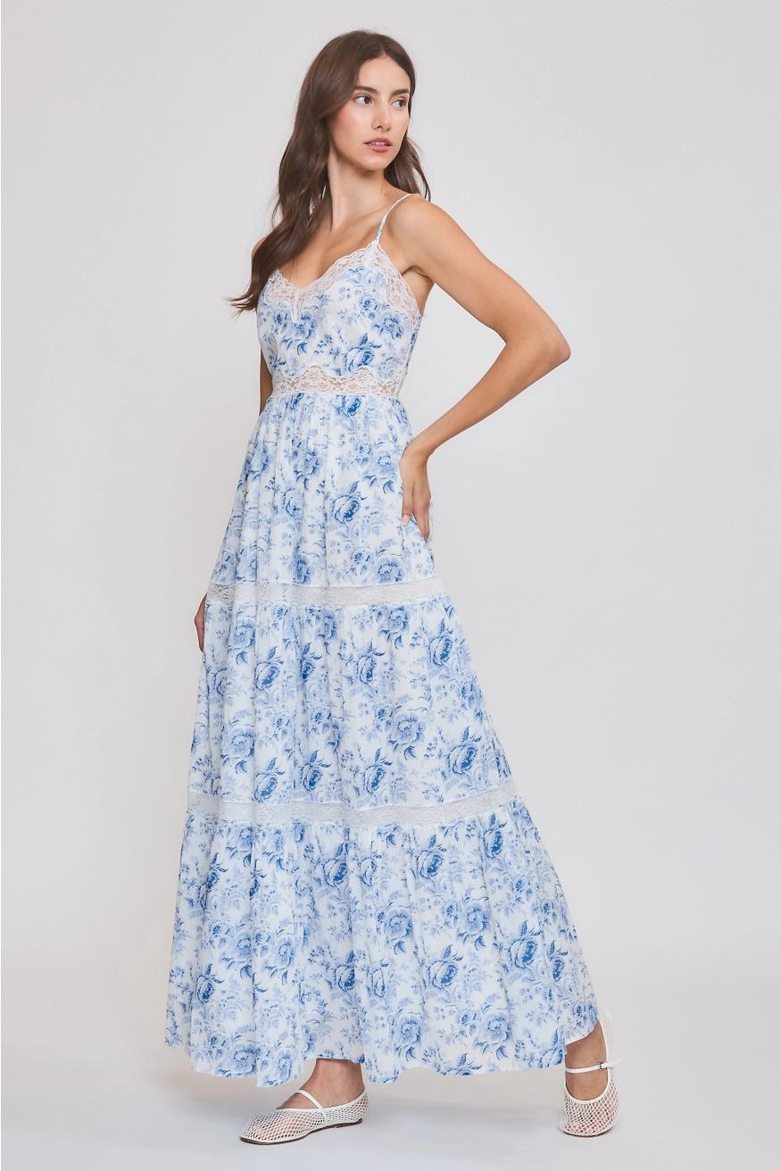 Blue Floral Midi Dress with Lace Trim