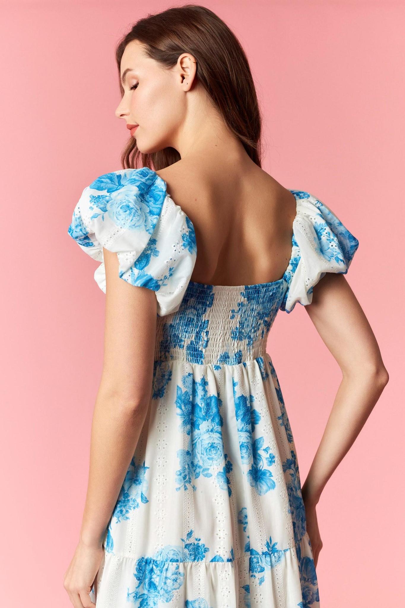 Blue Floral Print Cap Puff Sleeve Smocked Maxi Dress
