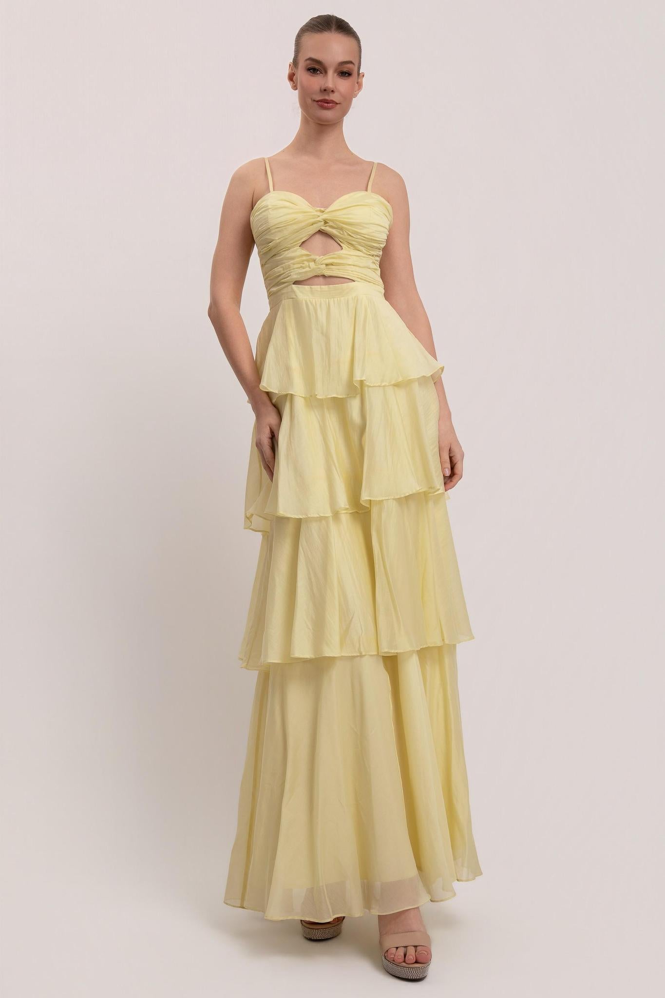 Yellow Spaghetti Strap Keyhole Detail Maxi Dress