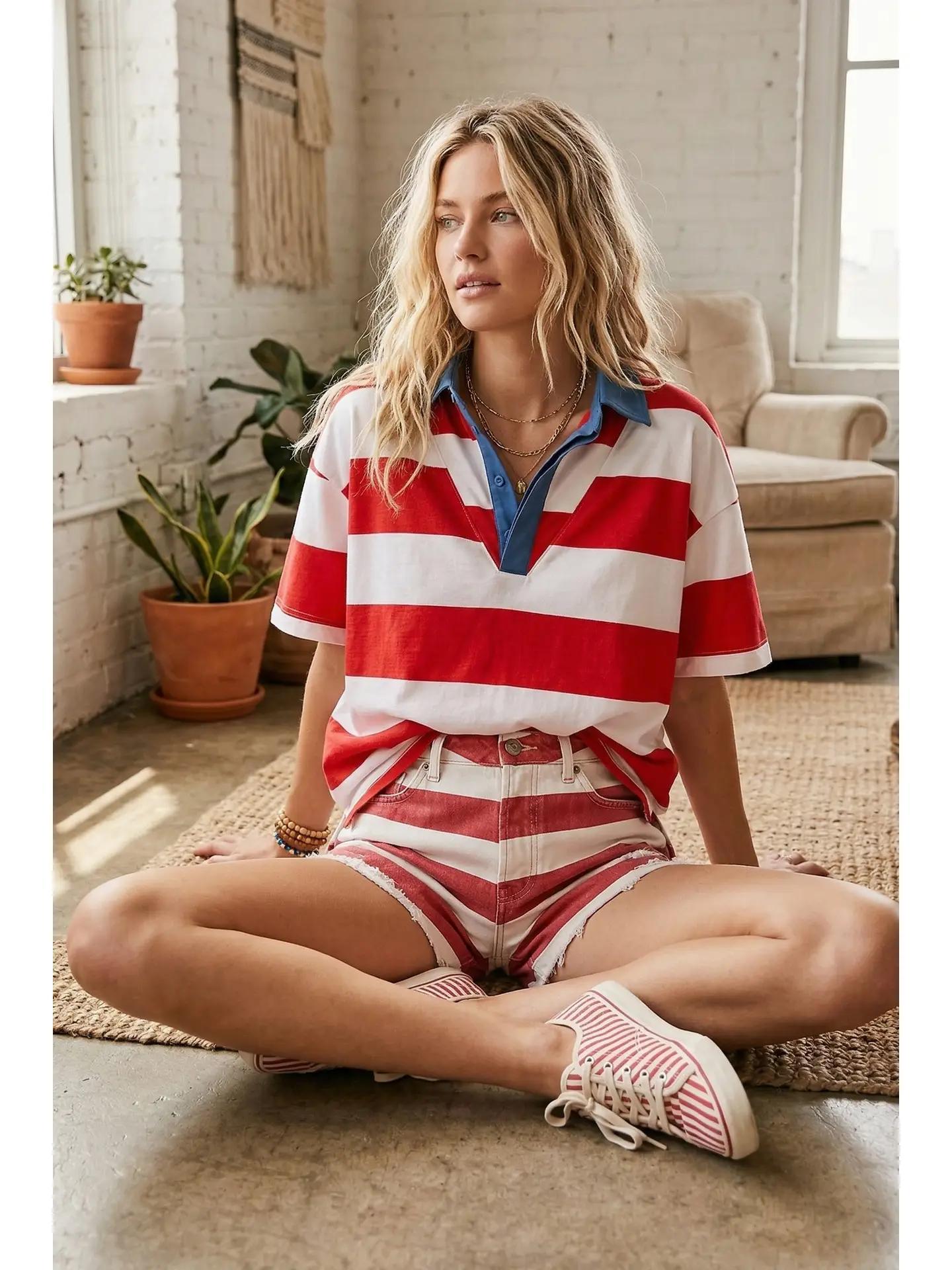 Gameday Americana Stripe Collared Top
