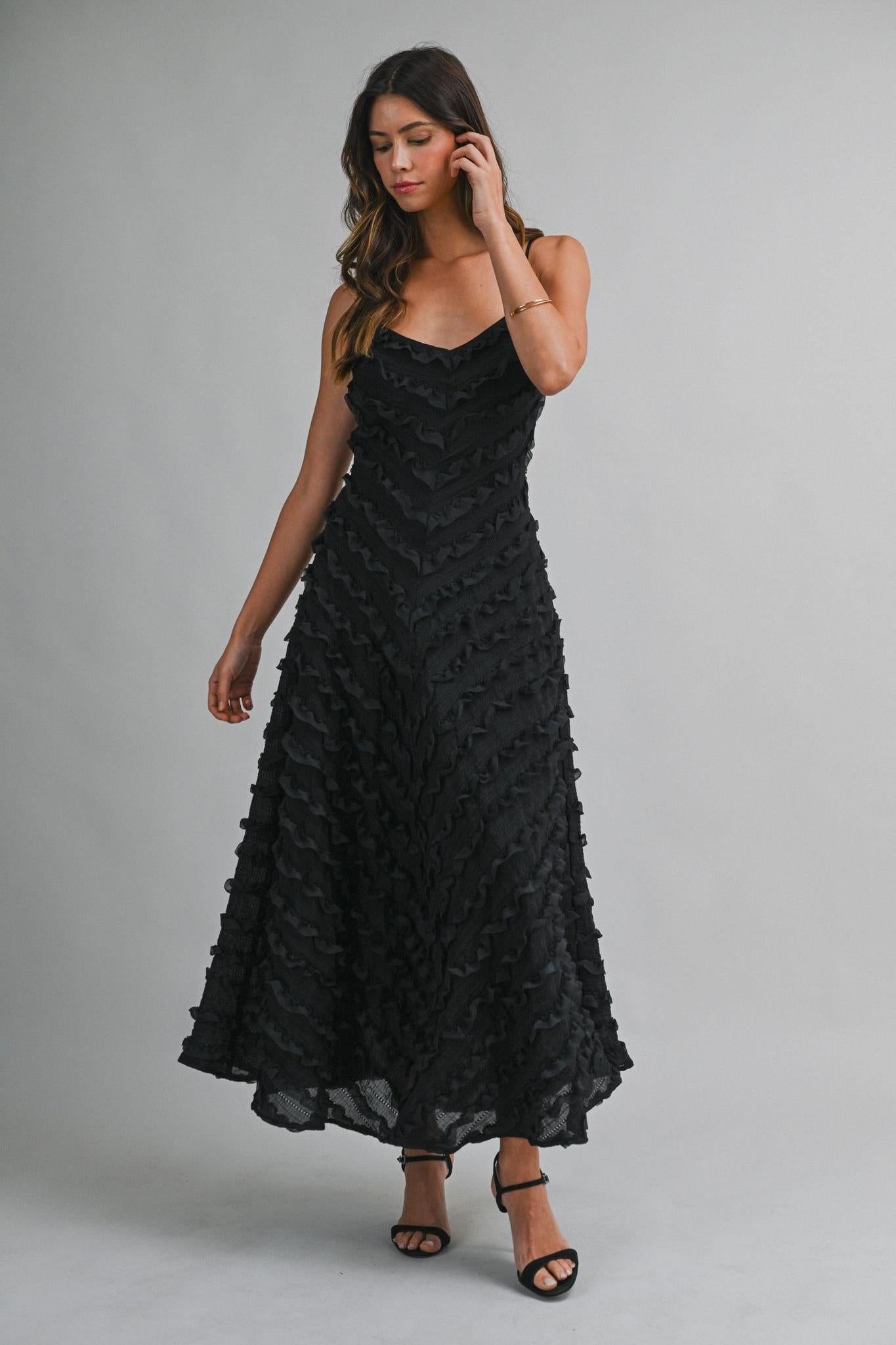 Black Adjustable Spaghetti Strap Chevron Ruffle Detail Midi Dress