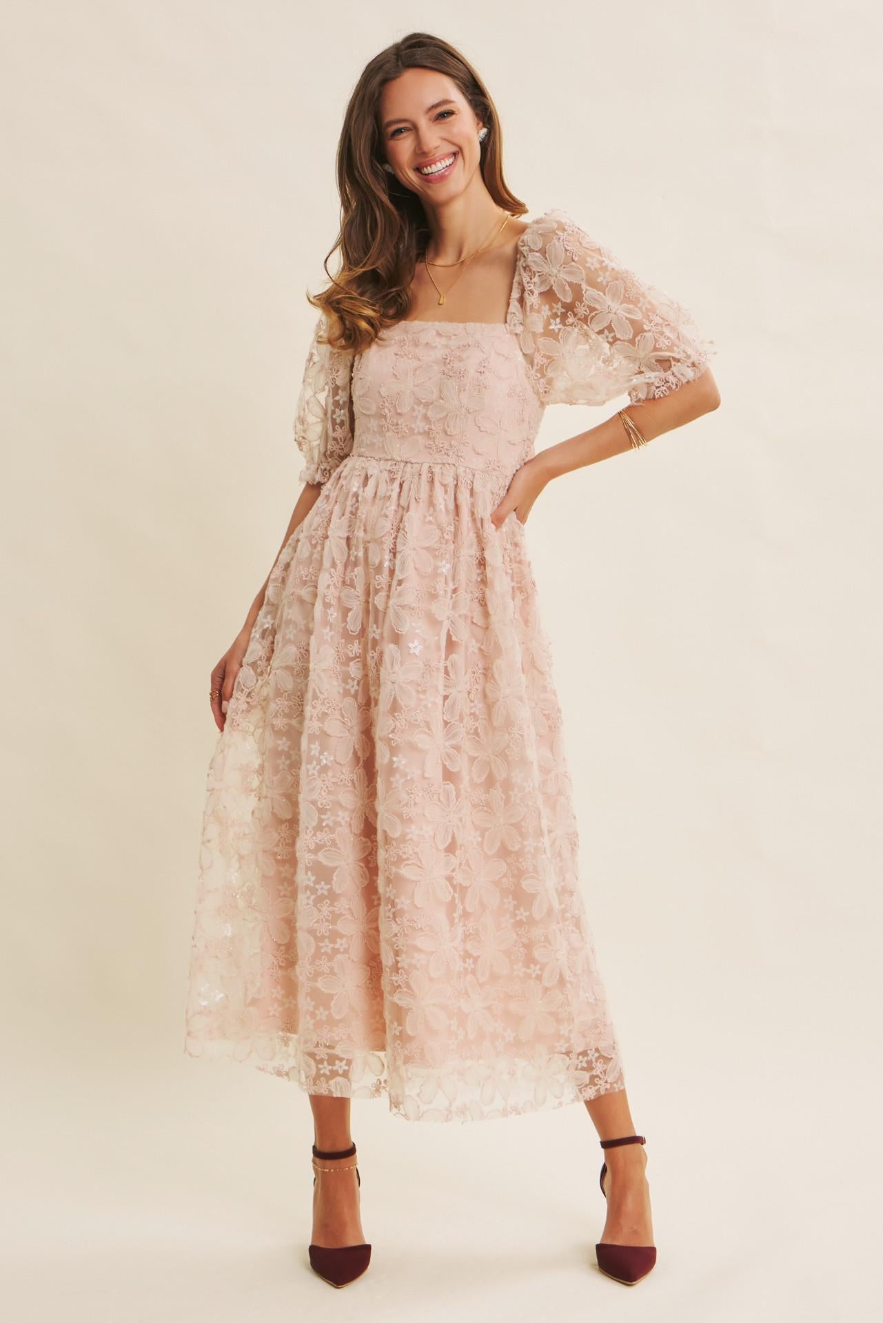 Dusty Pink Sheer Floral Sequin Midi Dress