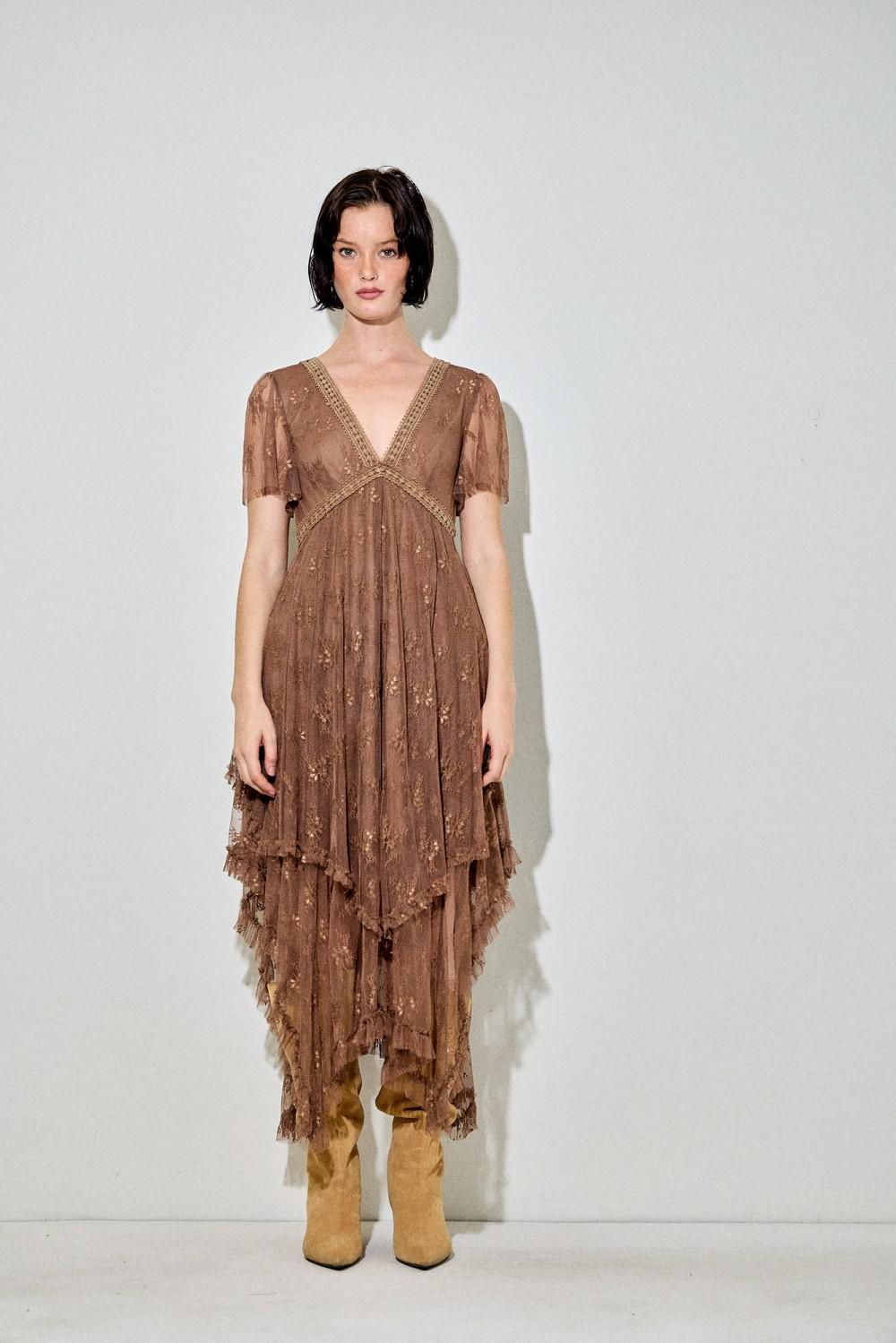 Brown Embellished Lace Hem Dress