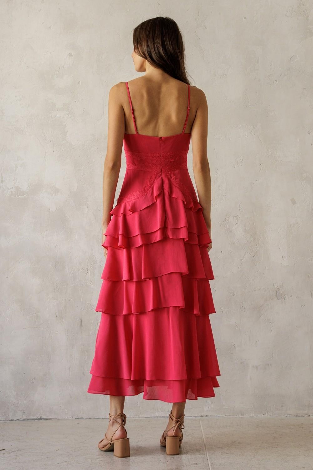 Lace Trim Tiered Midi Dress - Hot Pink